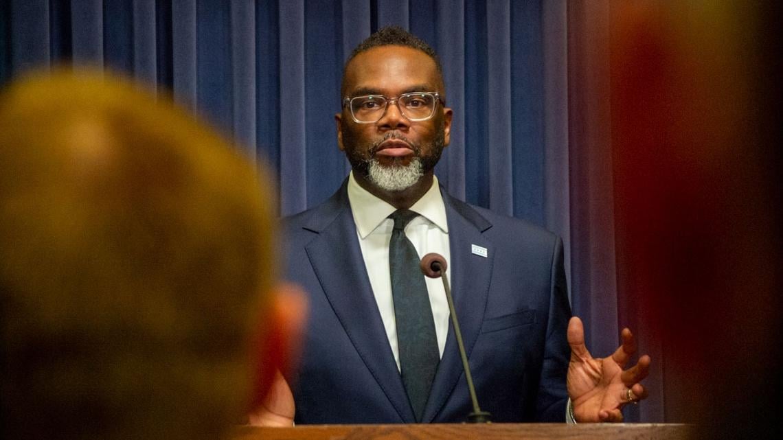 Chicago Mayor Brandon Johnson takes questions from reporters at the Illinois State Capitol on April 30, 2025. (Andrew Adams / Capitol News Illinois) 