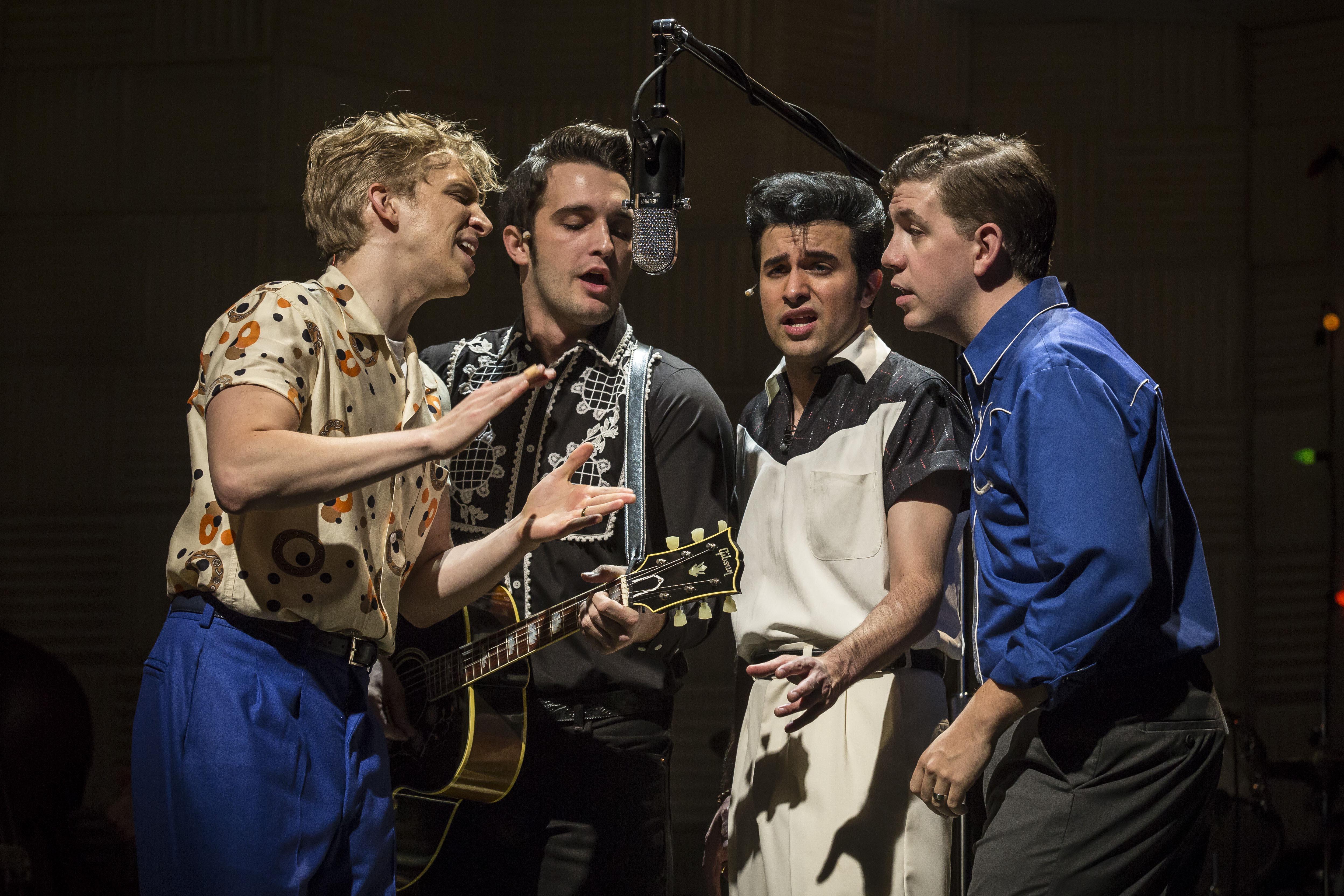 “Million Dollar Quartet” stars, from left: Gavin Rohrer as Jerry Lee Lewis, Bill Scott Sheets as Johnny Cash, Kavan Hashemian as Elvis Presley and Adam Wesley Brown as Carl Perkins. (Credit: Liz Lauren)