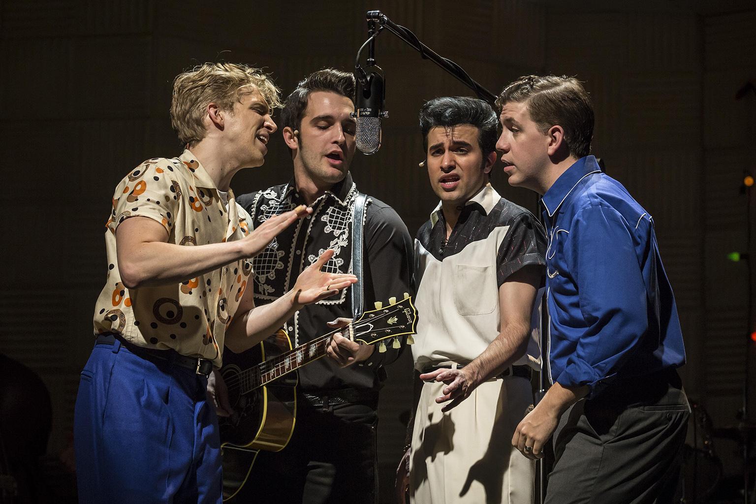 “Million Dollar Quartet” stars, from left: Gavin Rohrer as Jerry Lee Lewis, Bill Scott Sheets as Johnny Cash, Kavan Hashemian as Elvis Presley and Adam Wesley Brown as Carl Perkins. (Credit: Liz Lauren)