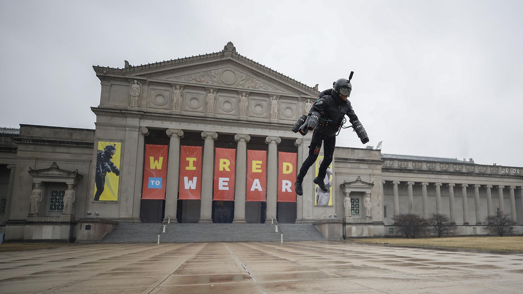 Richard Browning of Gravity Industries demonstrates his Jet Suit as he takes off from the steps of the Museum of Science and Industry in Chicago. (Courtesy of MSI Chicago)