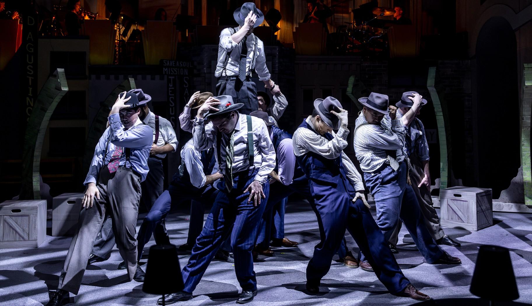 From left, Adam Raso, Callan Roberts, Andrew Freeland, David Geinosky and Peter Ruger in “Guys and Dolls,” from Music Theater Works, now playing through March 30, 2025, at the North Shore Center for the Performing Arts in Skokie. (Brett Beiner) 