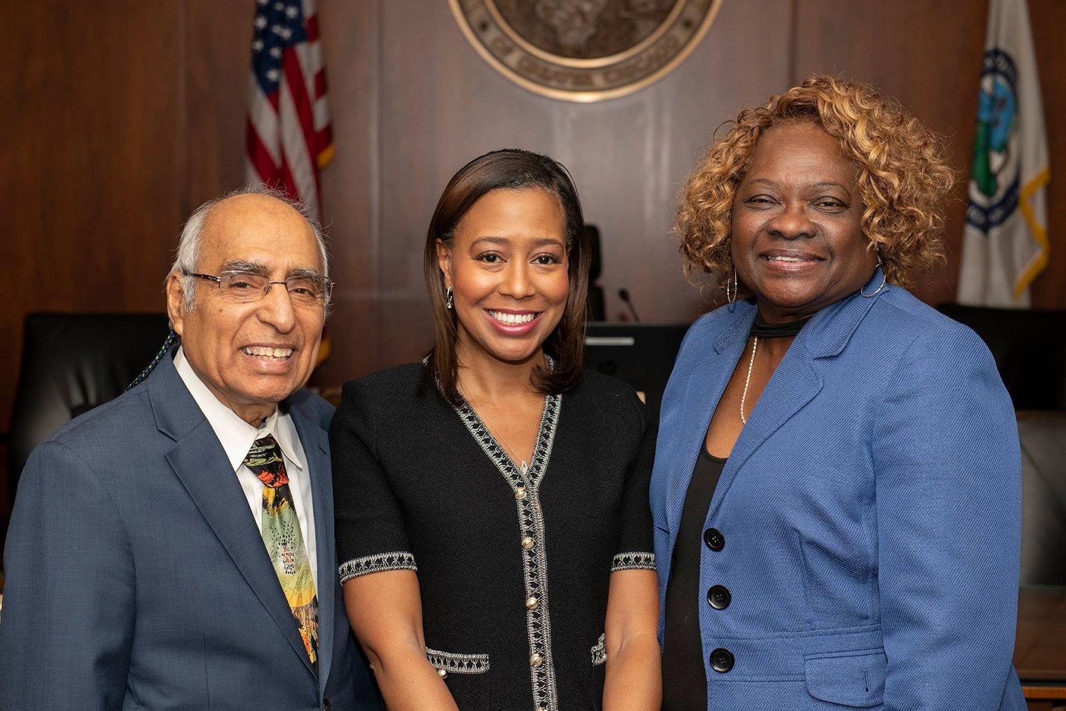 Newly elected MWRD President Kari Steele (center) with Finance Chairman Frank Avila and Vice President Barbara McGowan (Metropolitan Water Reclamation District of Greater Chicago) 