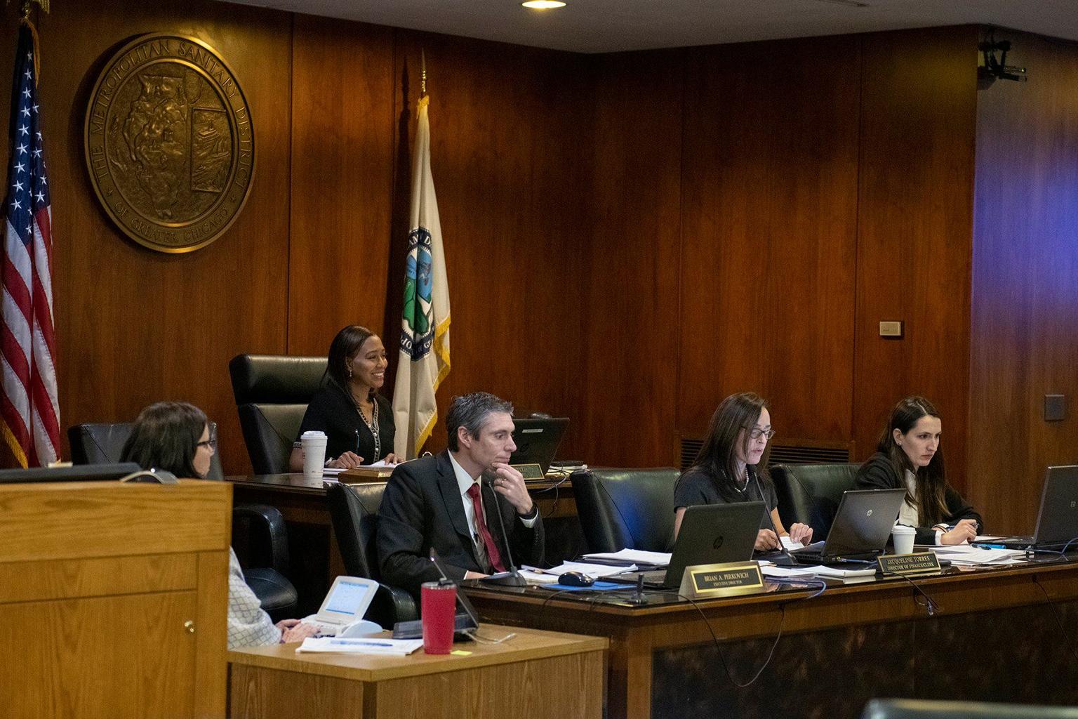 Recently elected MWRD President Kari Steele (second from left) oversees her first board meeting as president earlier this month. (Metropolitan Water Reclamation District of Greater Chicago)