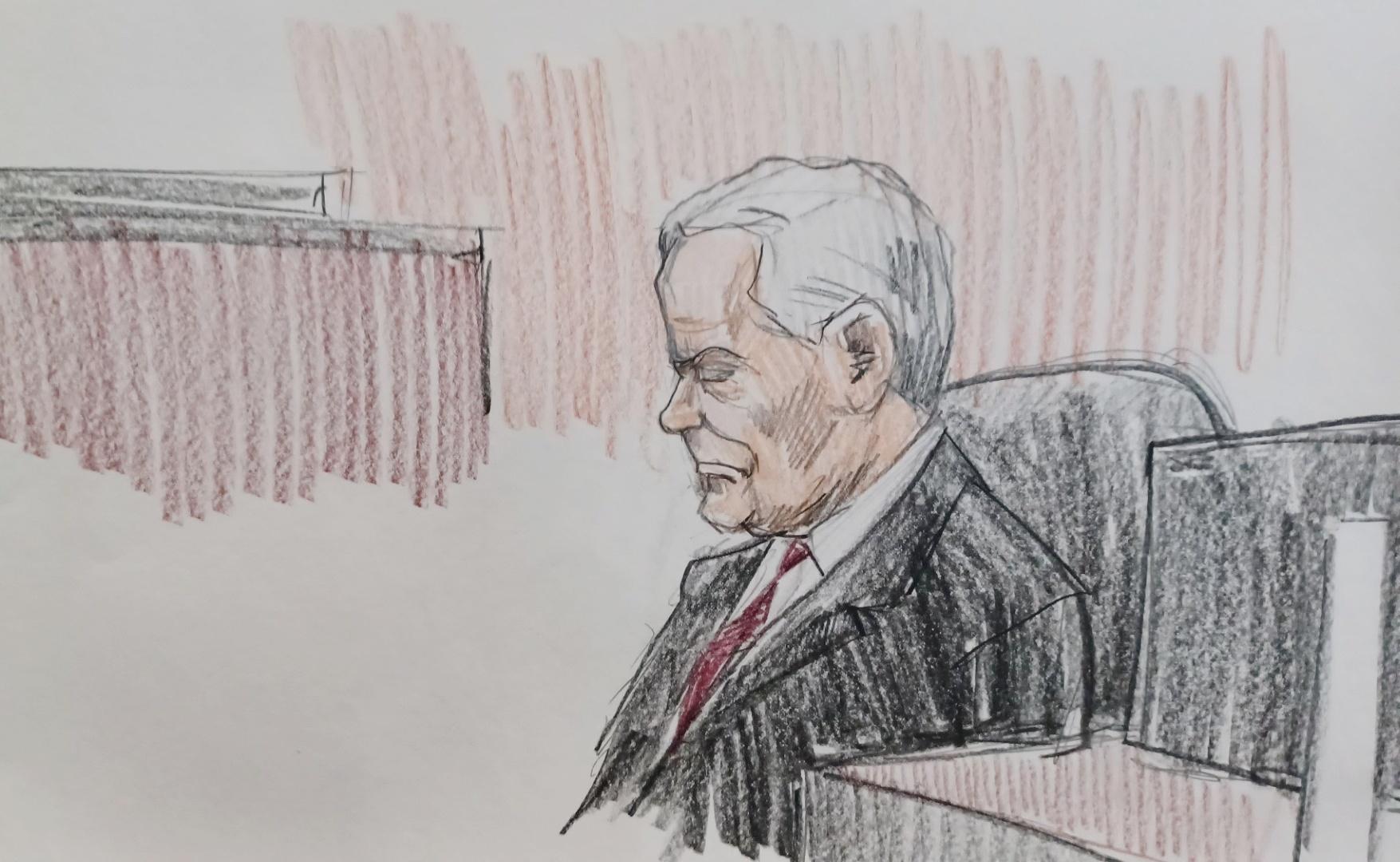 Michael Madigan listens as Judge John Blakey reads the verdict. (Illustration by L.D. Chukman)
