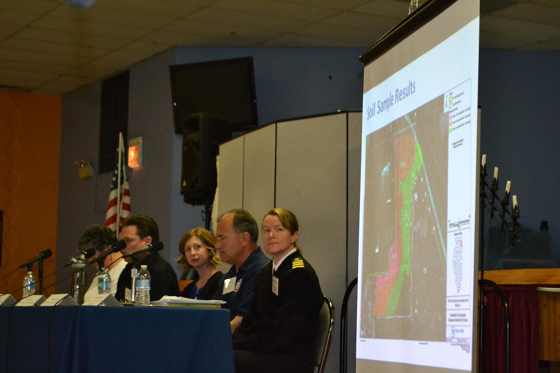 Federal and city public health officials speak before Southeast Side residents during a May 10, 2018 meeting to address concerns related to manganese exposure. (Alex Ruppenthal / Chicago Tonight)