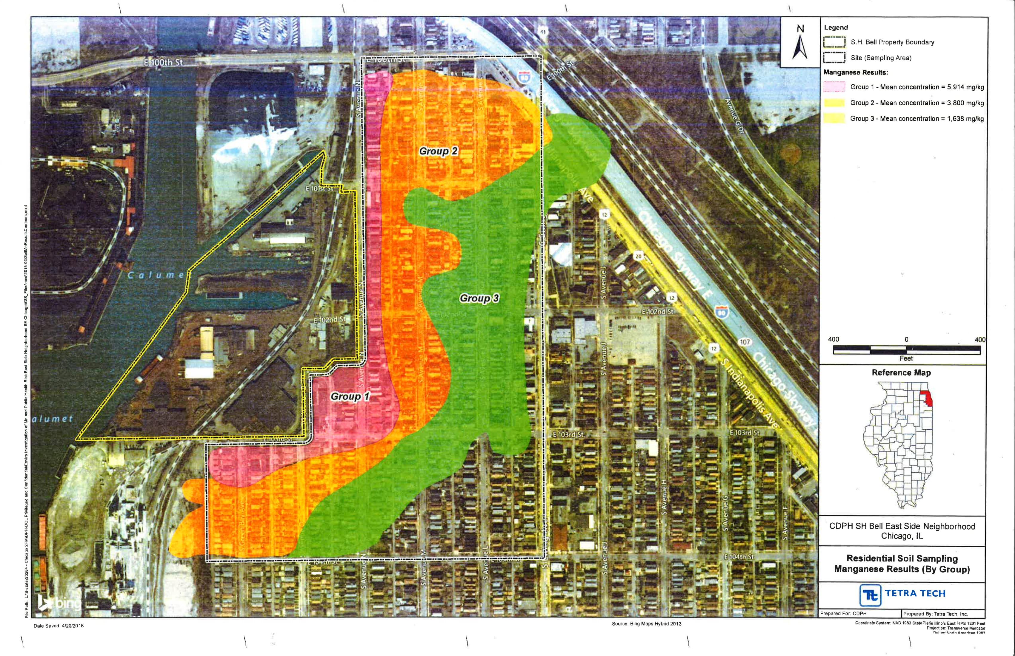 Click to enlarge: A map shows results of soil testing to detect levels of manganese on the Southeast Side. (Chicago Department of Public Health)