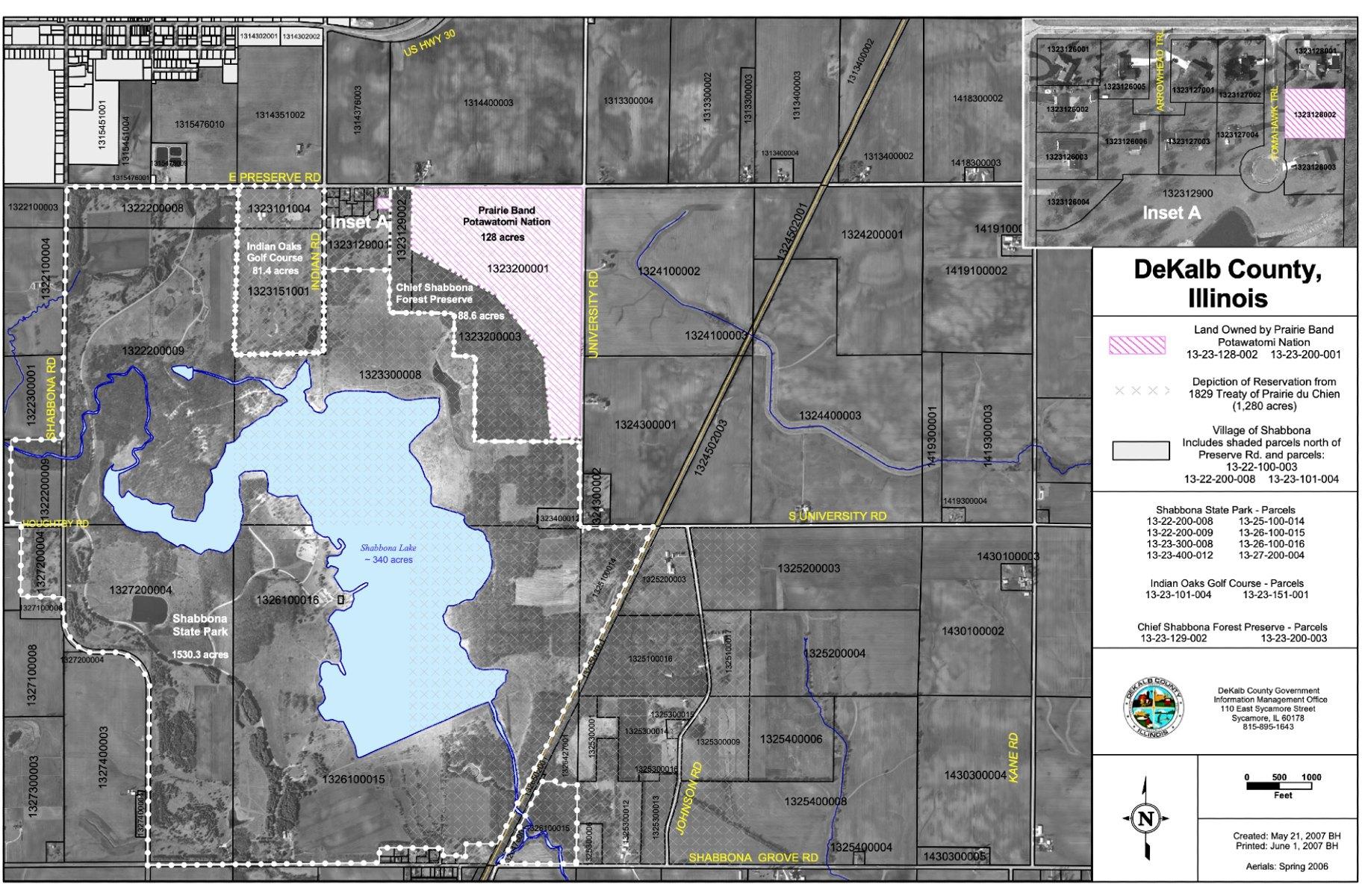 A map of the 130 acres of land the Prairie Band purchased in DeKalb County that now makes up the tribe’s federally recognized reservation. (Provided)