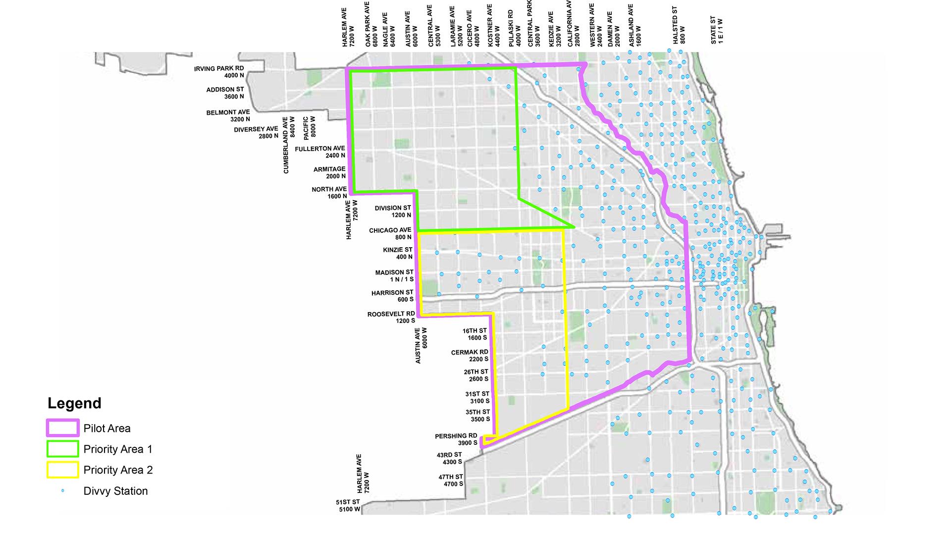 A map of the boundaries for the Chicago E-Scooter Pilot Program. (Courtesy of the city of Chicago)