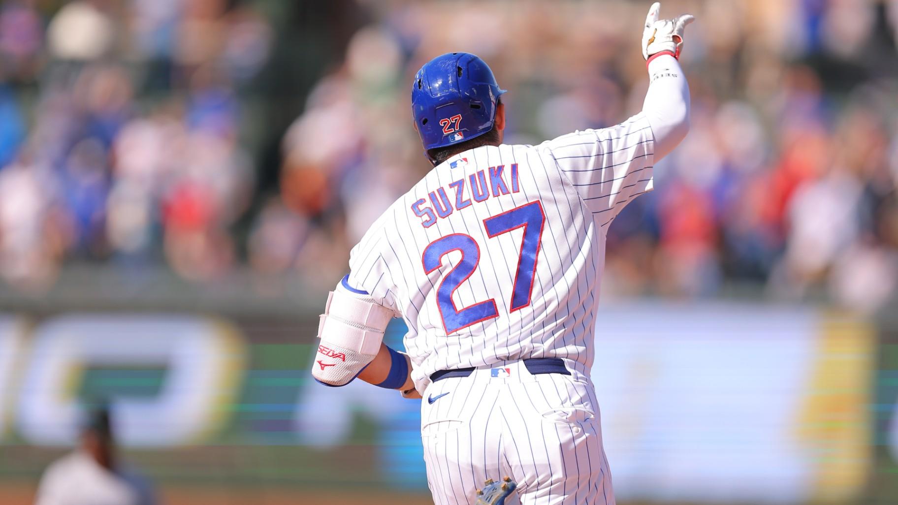 Chicago Cubs' Seiya Suzuki celebrates his home run during the fifth inning of a baseball game against the Miami Marlins, Thursday , Sept. 24, 2026, in Chicago. (AP Photo / Melissa Tamez)