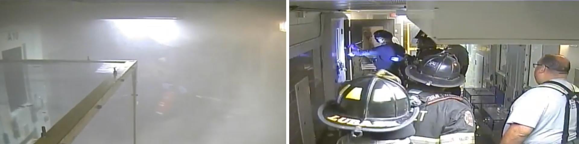 A security camera in the Joliet Treatment Center captured a correctional officer spraying a fire extinguisher through a slot into Stephens’ cell on July 27, 2024. | When firefighters eventually pulled Stephens from his cell, he was unconscious but still breathing. (Stills from videos provided by Kaplan &amp; Grady, legal representation for Jason Stephens’ family.)