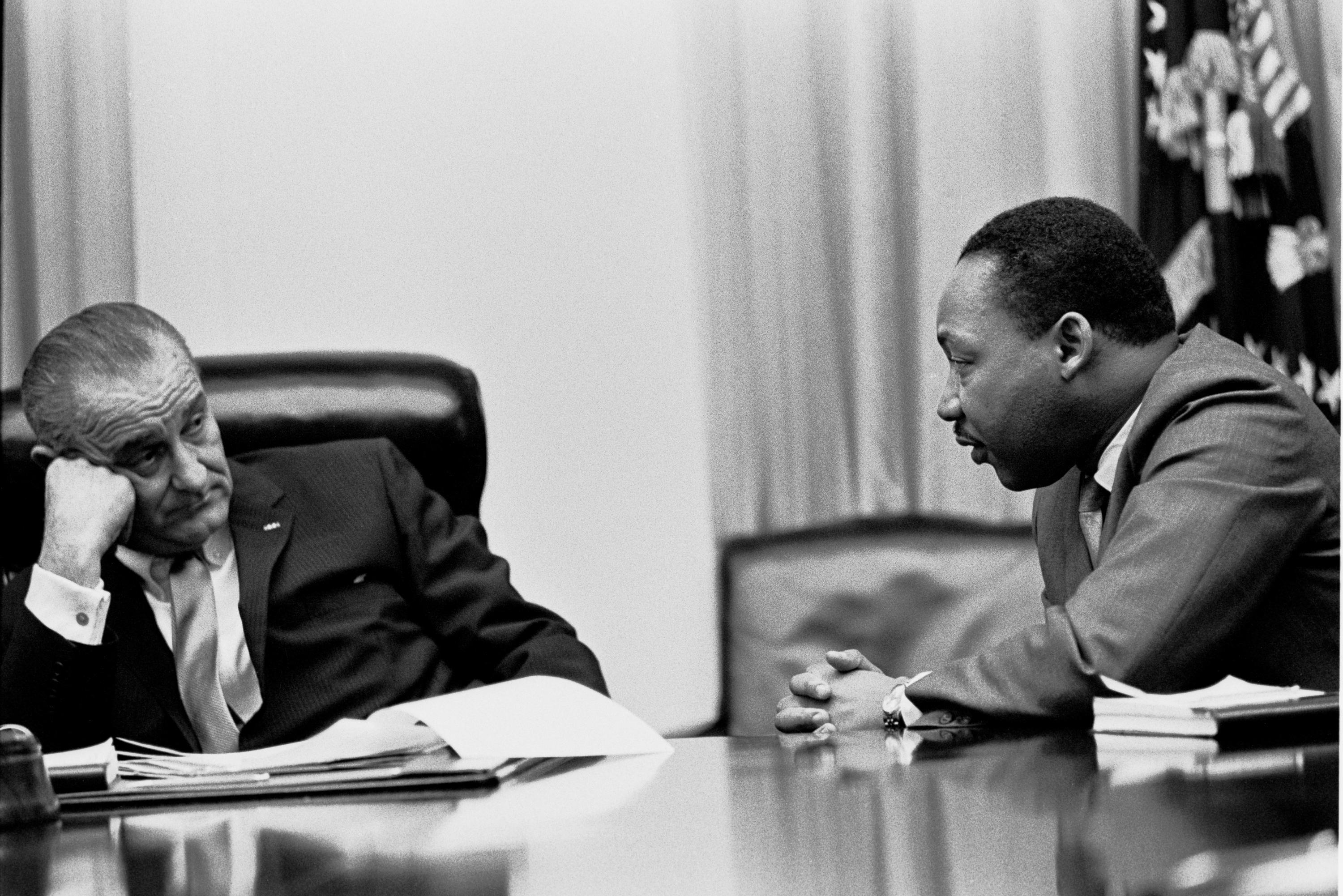 President Lyndon B. Johnson meets with Martin Luther King Jr. in the White House Cabinet Room in 1966.