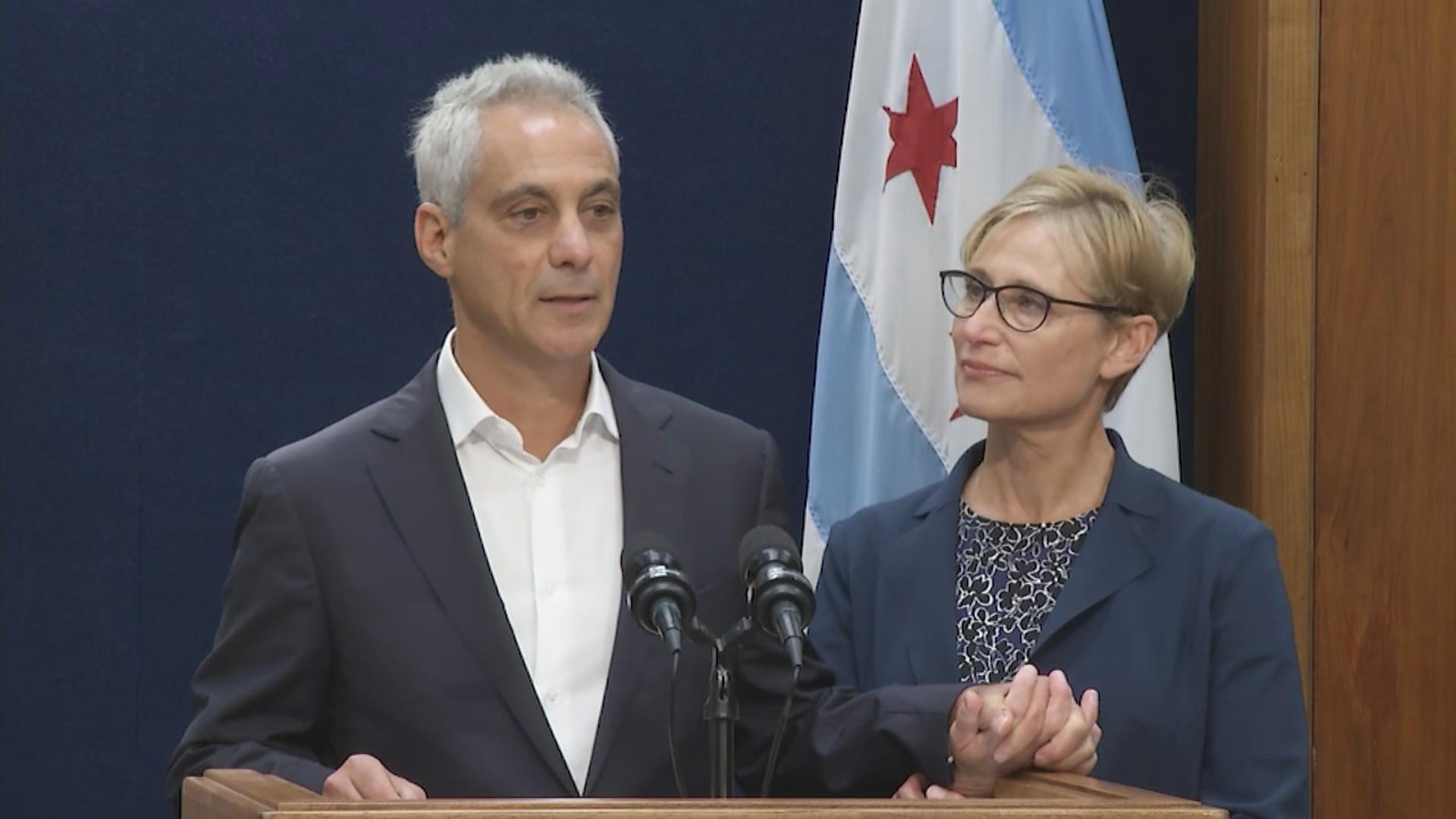 “Now with our three children in college, Amy and I have decided it is time to write another chapter together,” Mayor Rahm Emanuel said Tuesday, Sept. 4, 2018 with his wife Amy Rule by his side as he announced he would not seek re-election. 