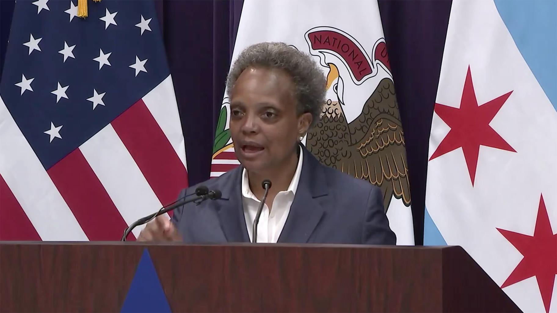 Mayor Lori Lightfoot speaks at a press conference Monday, Aug. 10, 2020. (WTTW News via @MayorLightfoot)