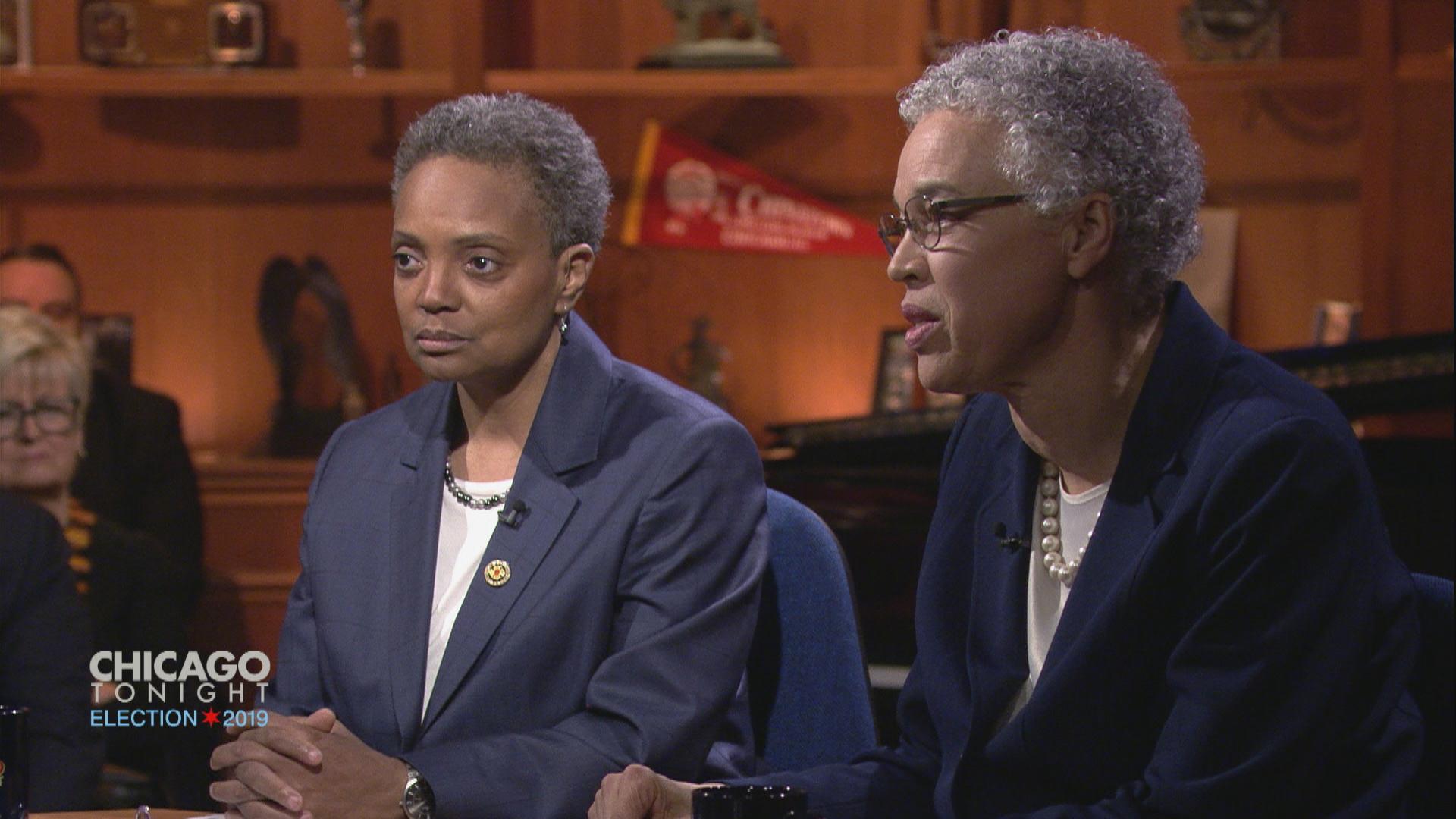 Mayoral candidates Lori Lightfoot, left, and Toni Preckwinkle appear on “Chicago Tonight” on March 21, 2019.