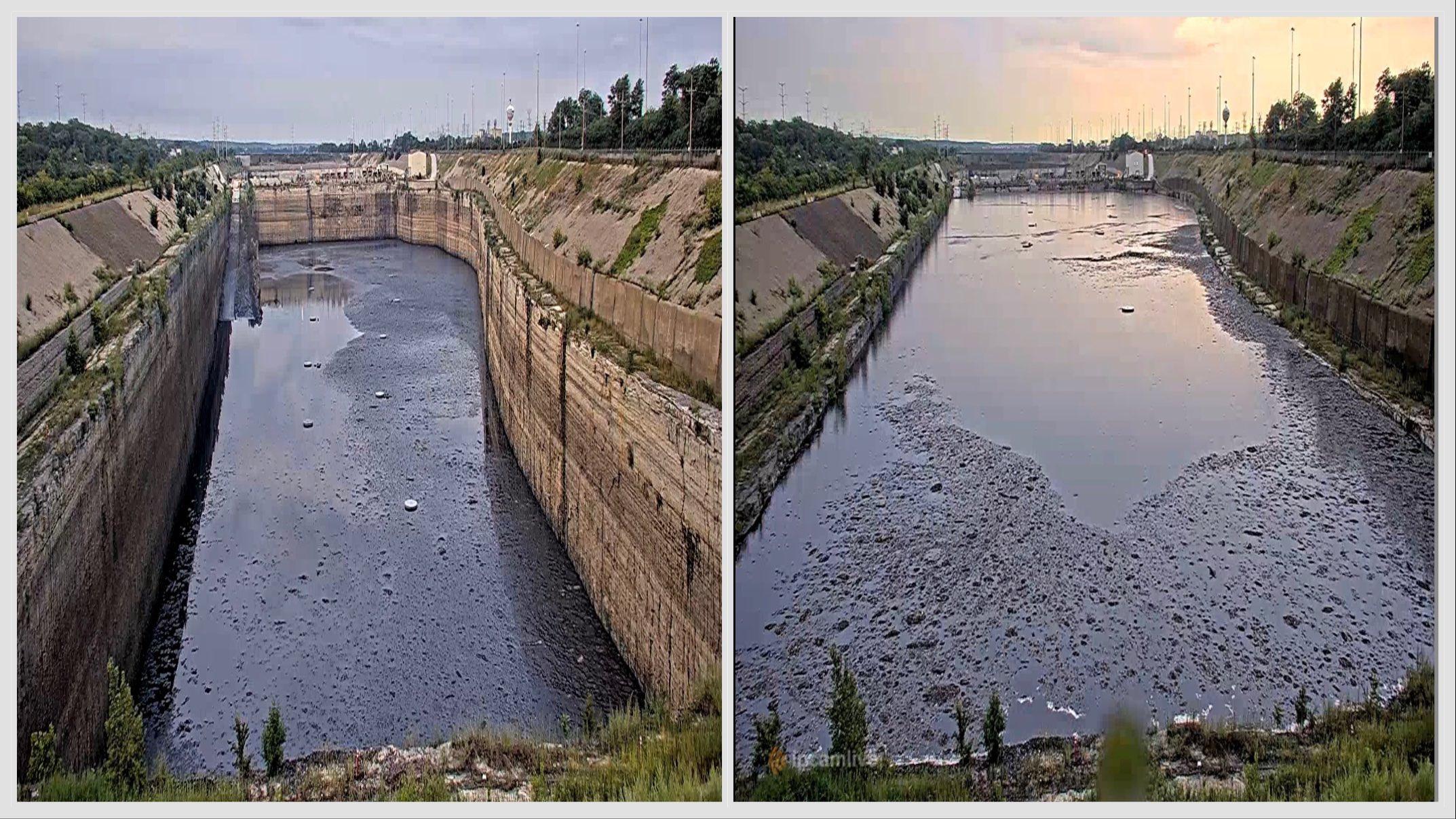 Here's how quickly MWRD's McCook reservoir fills: The image on the left is from live cam footage taken Aug. 9 at 6:45 a.m.; the image on the right is from Aug. 11 at 12:30 p.m. (Courtesy of Metropolitan Water Reclamation District)