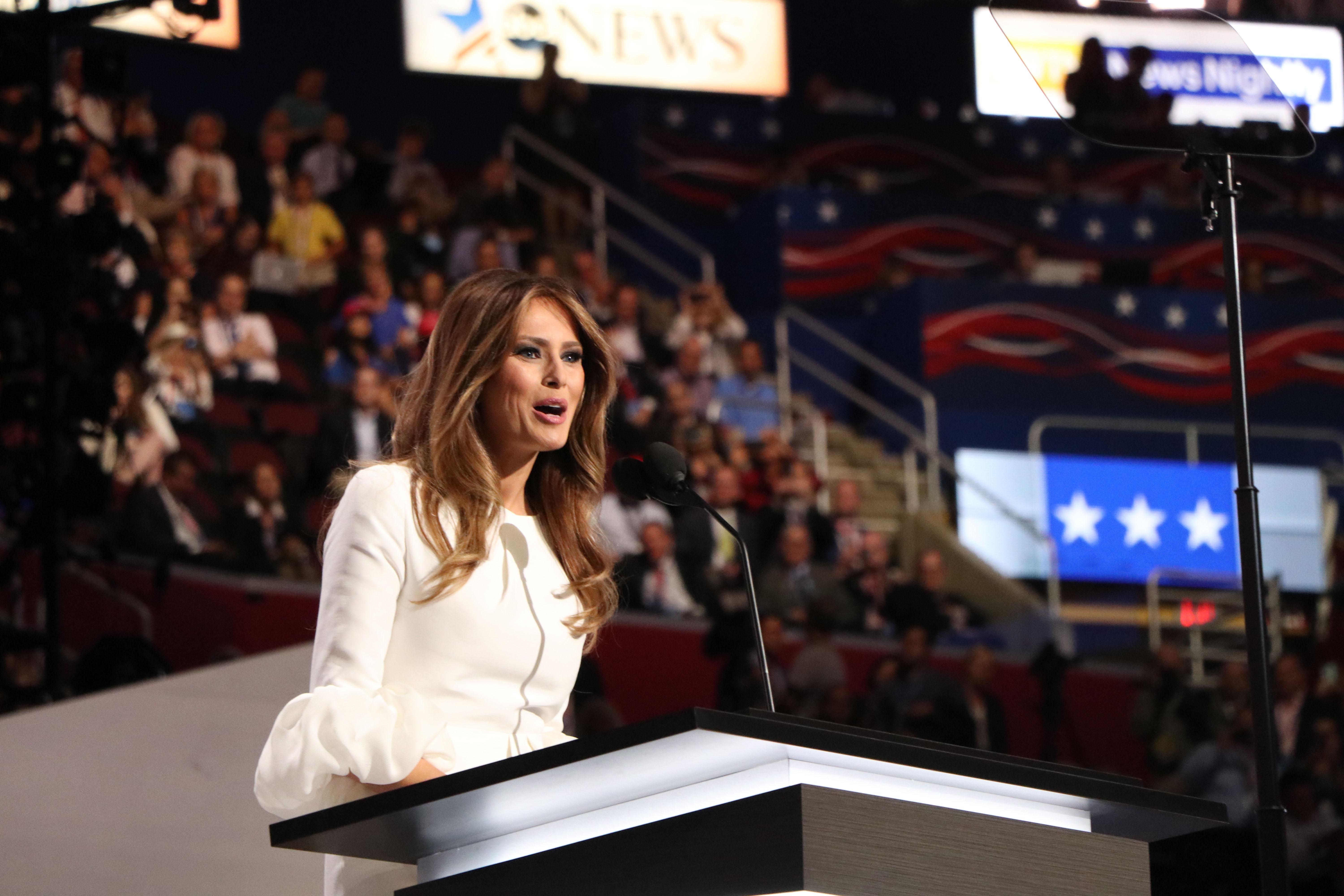 Melania Trump delivers a speech Monday at the Republican National Convention. (Evan Garcia / Chicago Tonight)