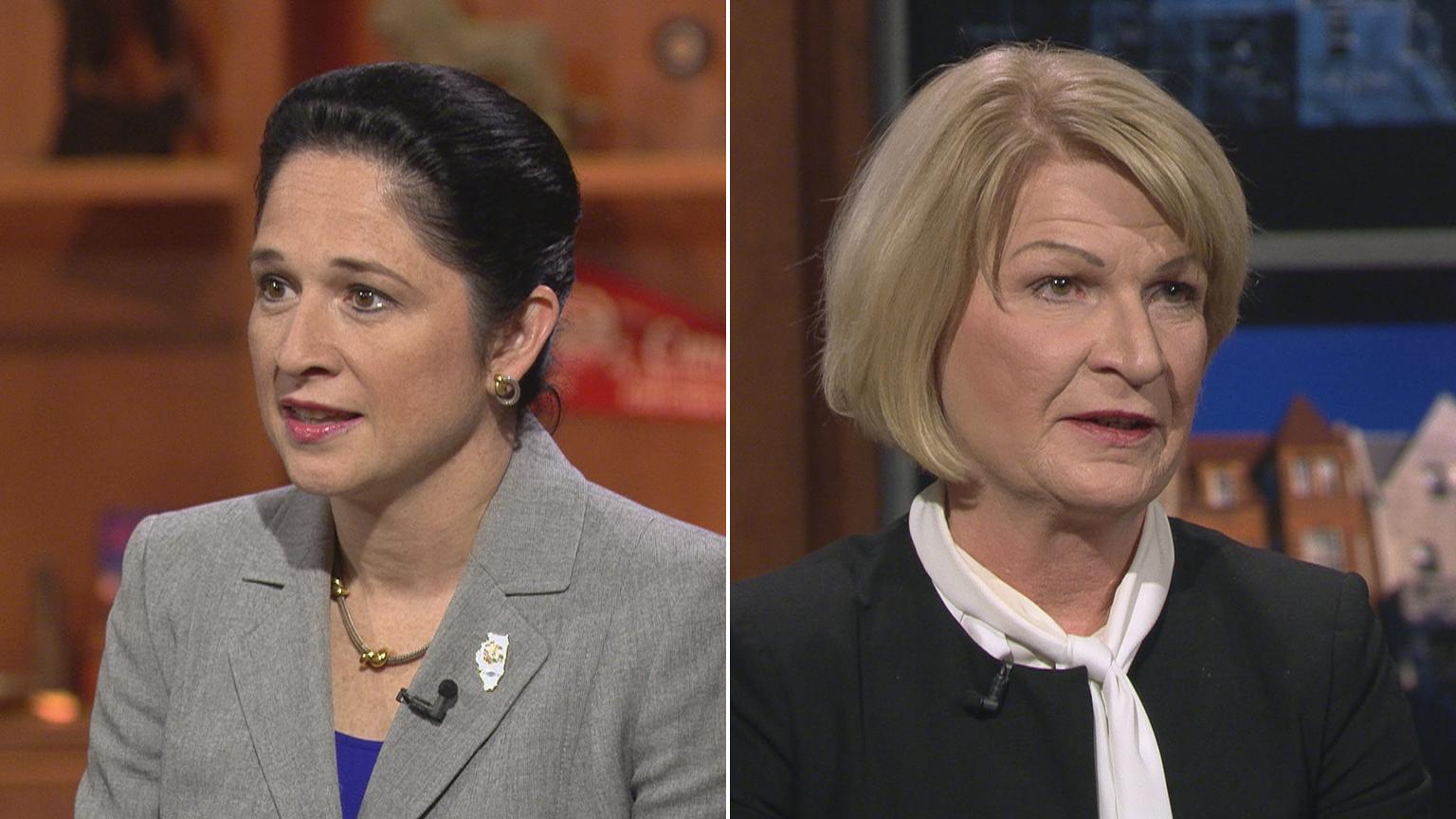 Illinois Comptroller Susana Mendoza, left, and Darlene Senger participate in a “Chicago Tonight” forum on Oct. 25, 2018.