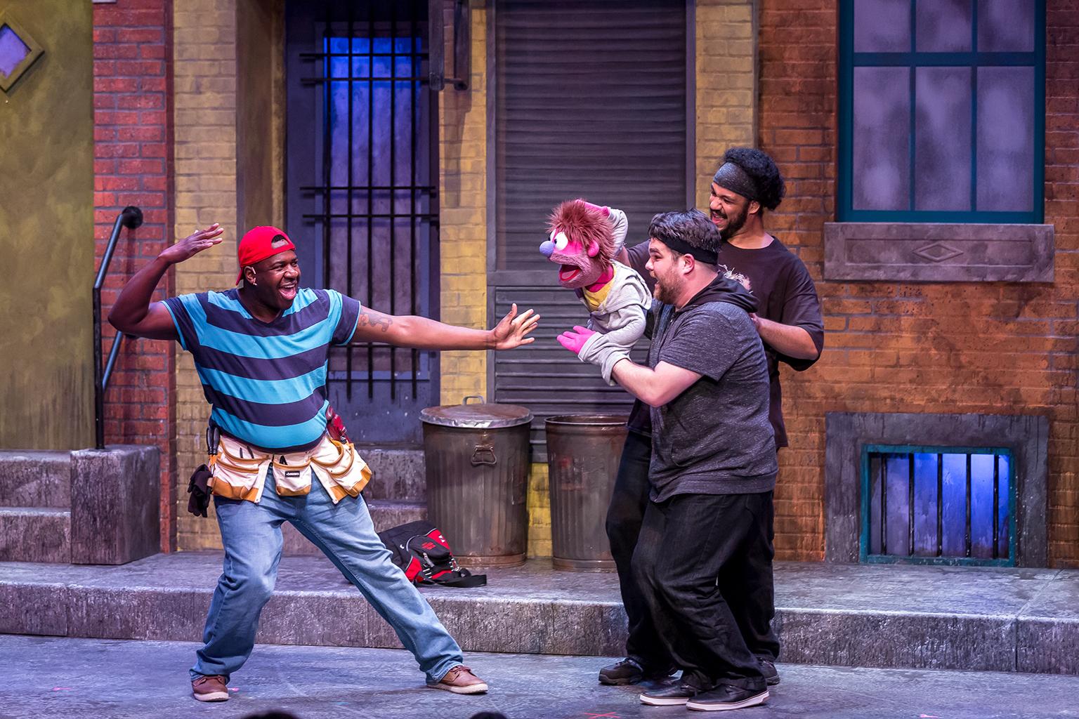 David S. Robbins, Dan Smeriglio and Jonah D. Winston in “Avenue Q” at Mercury Theater. (Credit: Brett A. Beiner)