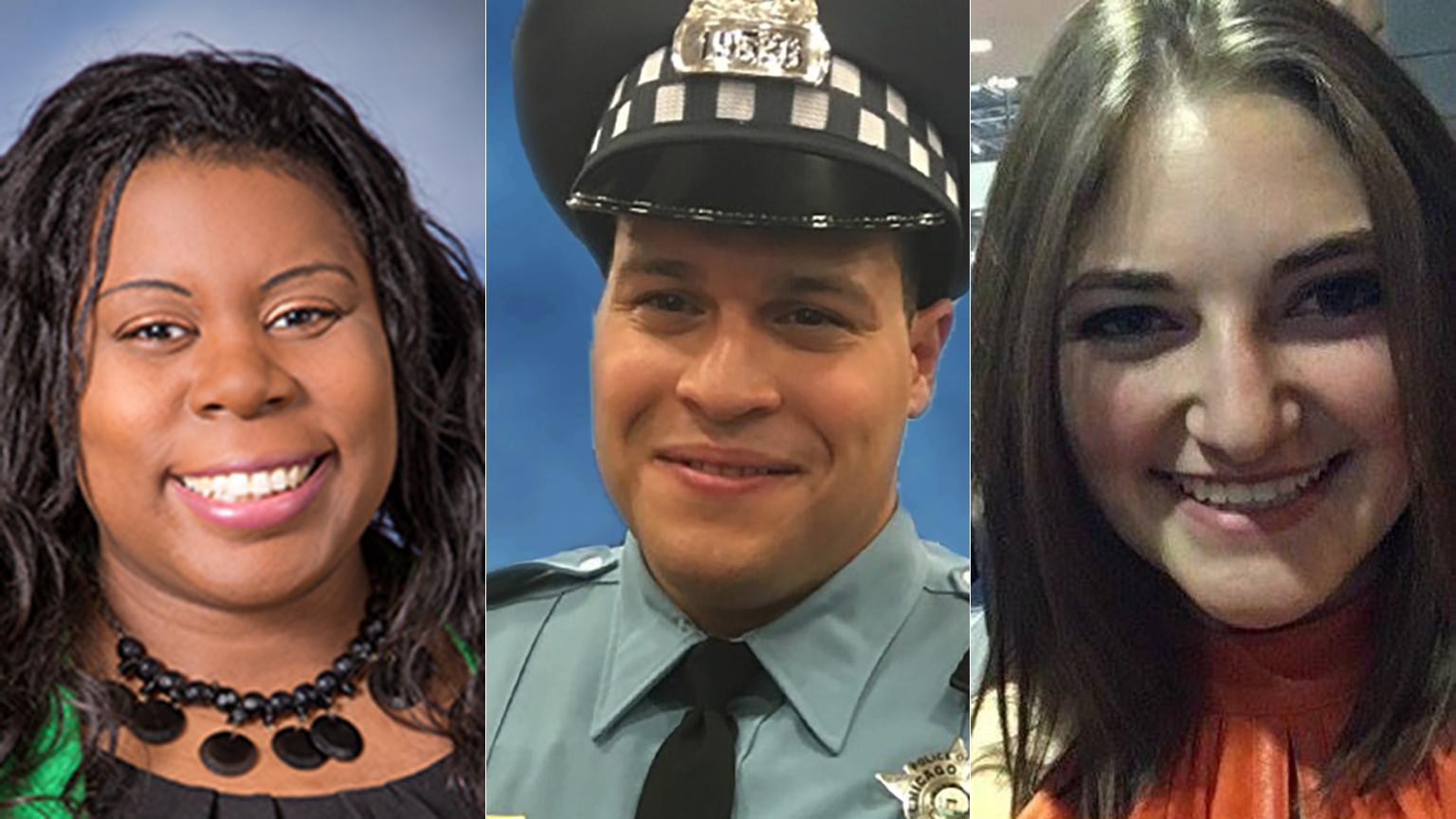 Dr. Tamara O’Neal, left, Chicago police Officer Samuel Jimenez and pharmaceutical resident Dayna Less. (Franciscan Health / Chicago Police Department / Facebook)