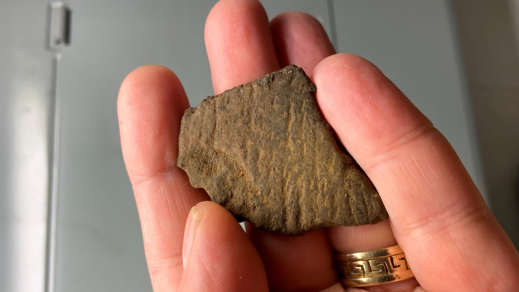 A prehistoric pottery sherd unearthed during a recent archeological dig at Midewin National Tallgrass Prairie. (Courtesy of Bill Parkinson)