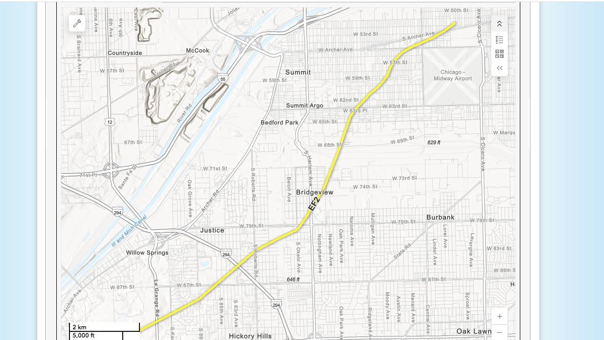 The path of the EF-2 tornado that skirted Midway Airport on June 11, 2026. (National Weather Service)