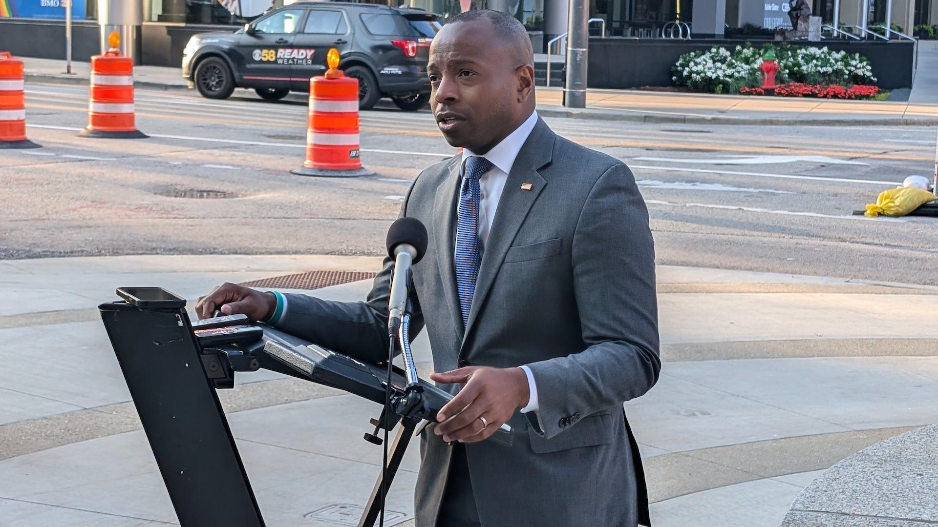 Milwaukee Mayor Cavalier Johnson addresses the media on July 17, 2024, saying the fatal shooting by Ohio police less than a mile from the Republican National Convention was not connected to the ongoing event. (Matt Masterson / WTTW News)