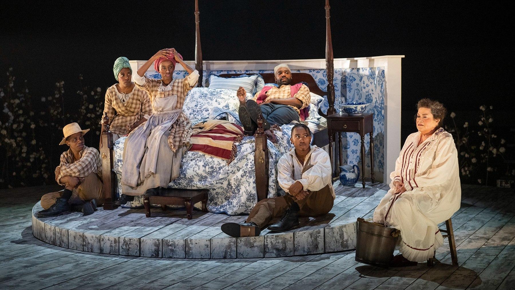 From left, Donovan Session, Sydney Charles, Celeste M. Cooper, Carl Clemons-Hopkins, Victor Musoni and Cindy Goldin in Steppenwolf Theatre’s “The Most Spectacularly Lamentable Trial of Miz Martha Washington” by James Ijames. (Credit: Michael Brosilow)