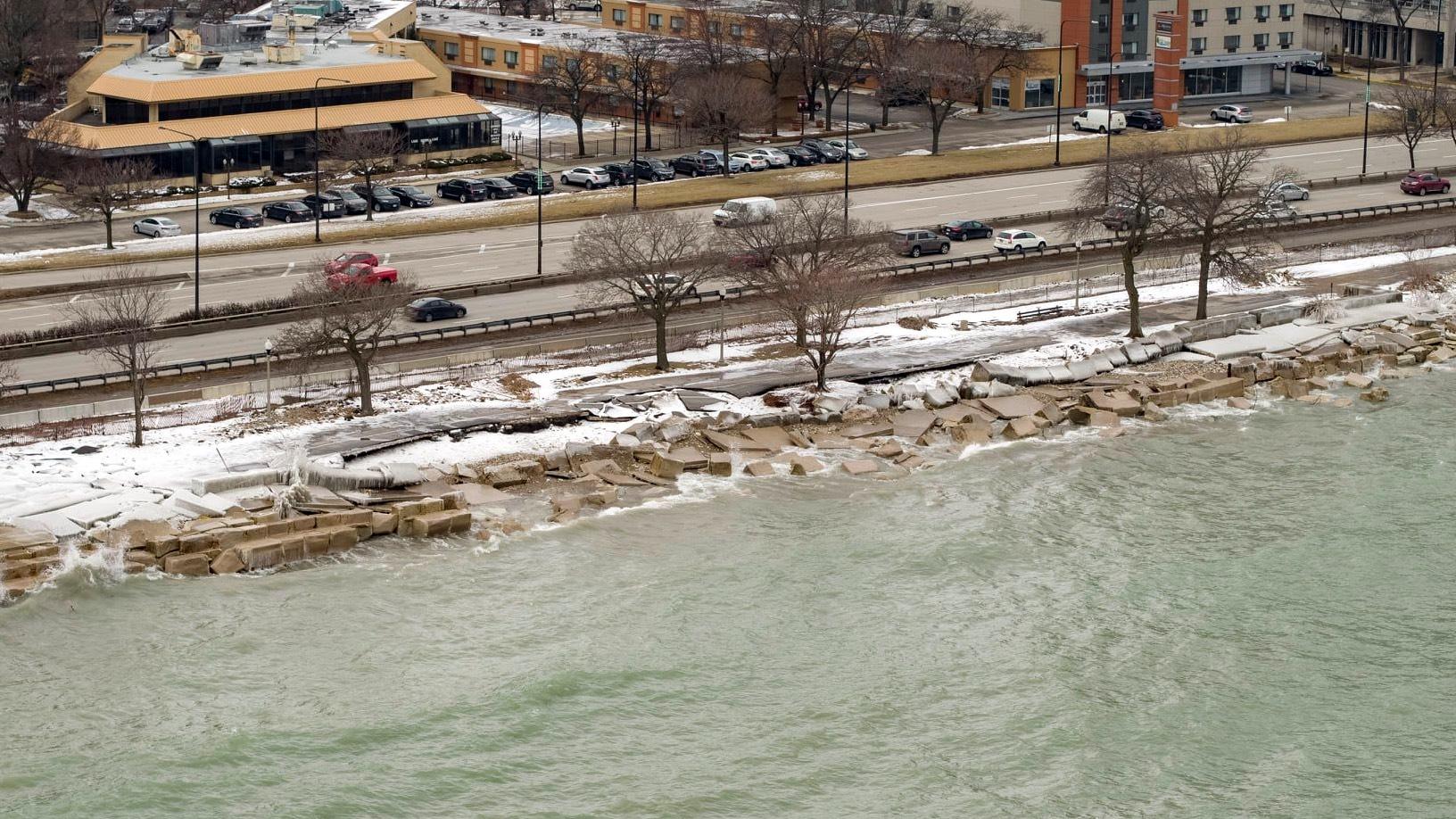 The damage shoreline will be protected from further erosion by tons of rocks and a concrete revetment wall. (Courtesy of Metropolitan Water Reclamation District)