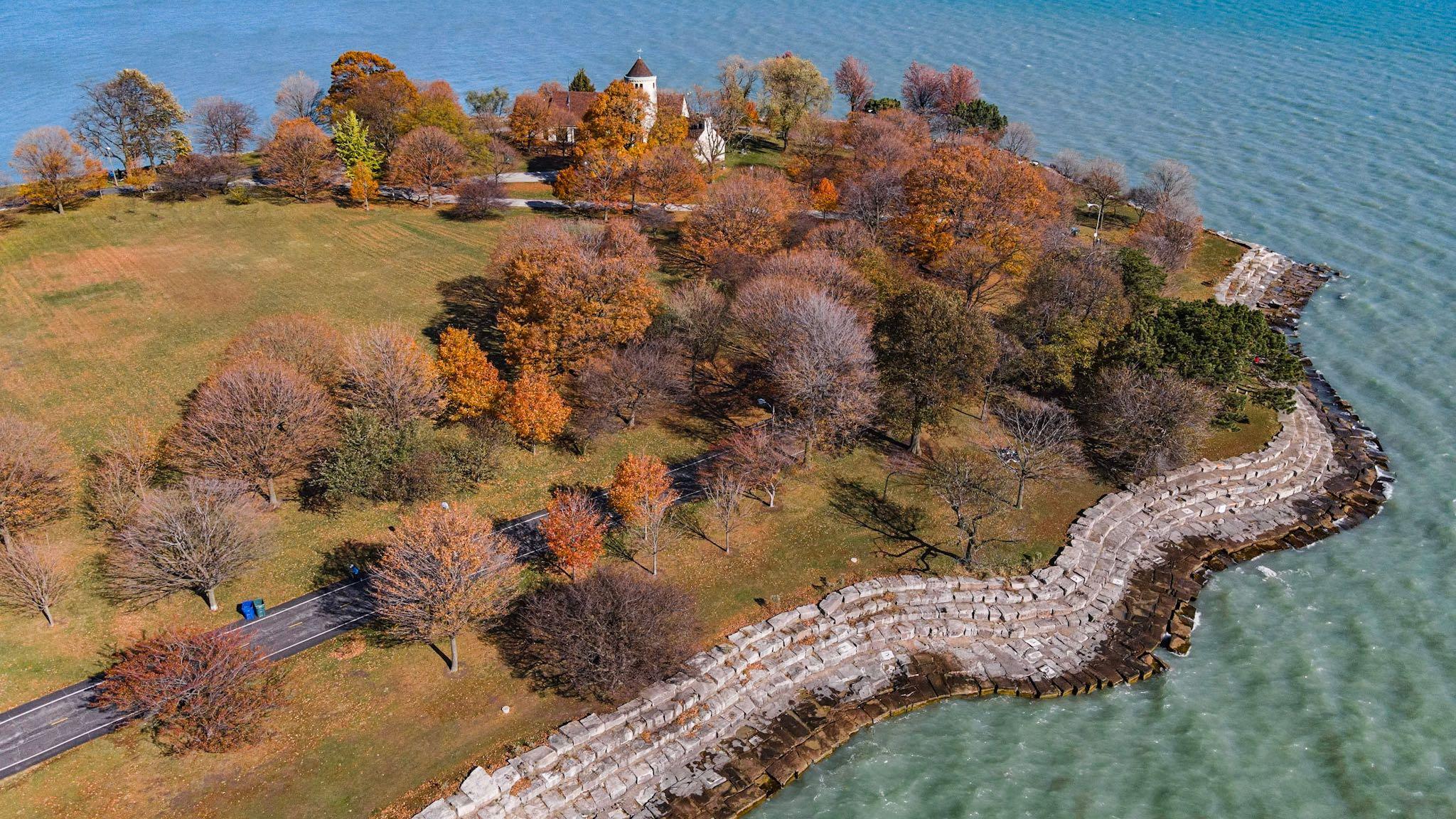 Promontory Point, on the south lakefront, is beloved for its natural aesthetic, designed by noted landscape architect Alfred Caldwell in 1937. (Preservation Chicago / Eric Allix Rogers)