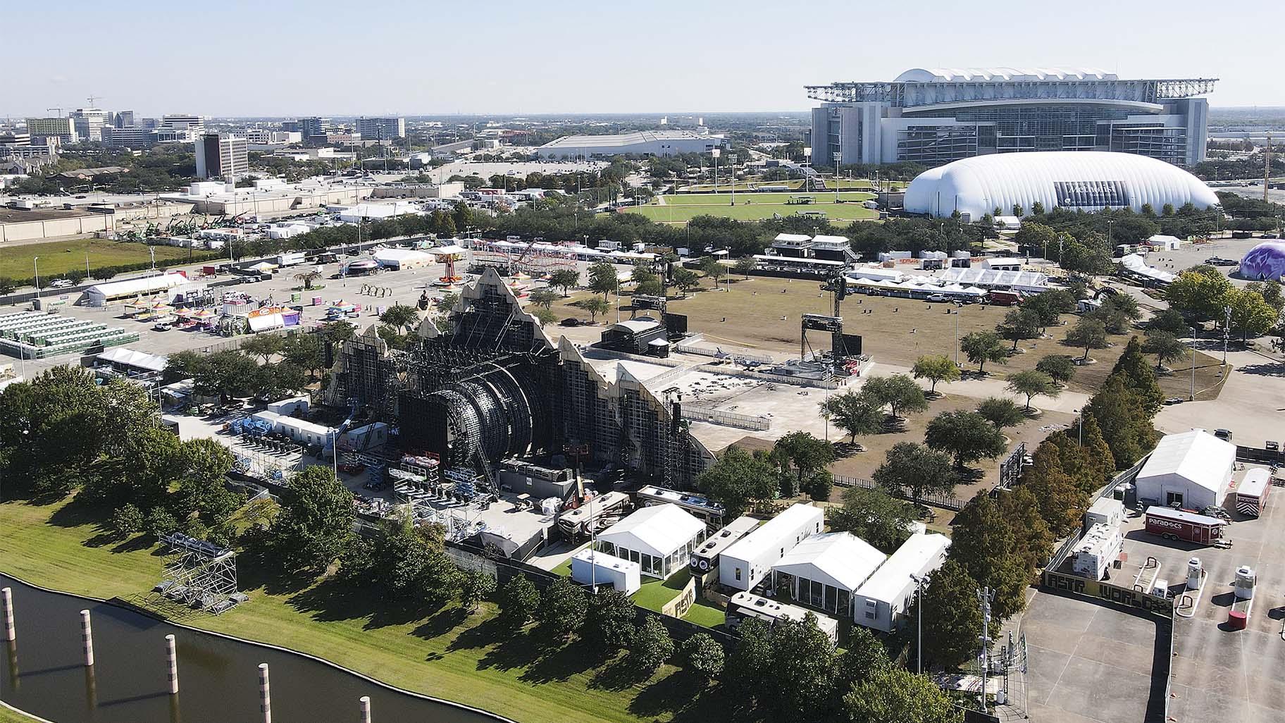 A drone image shows the stage area at Astroworld on Saturday, Nov. 6, 2021 in Houston. Several people died and numerous others were injured in what officials described as a surge of the crowd at the music festival while Travis Scott was performing Friday night. (Elizabeth Conley / Houston Chronicle via AP)