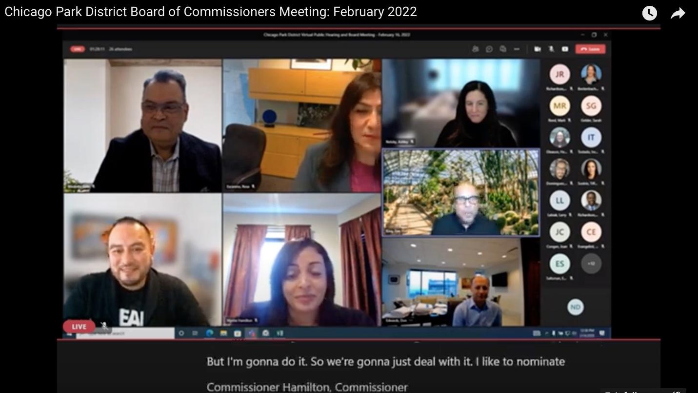 Myetie Hamilton, bottom row center, was elected the new president of the Chicago Park District's board of commissioners at a virtual meeting Feb. 16, 2022. (Chicago Park District / YouTube)