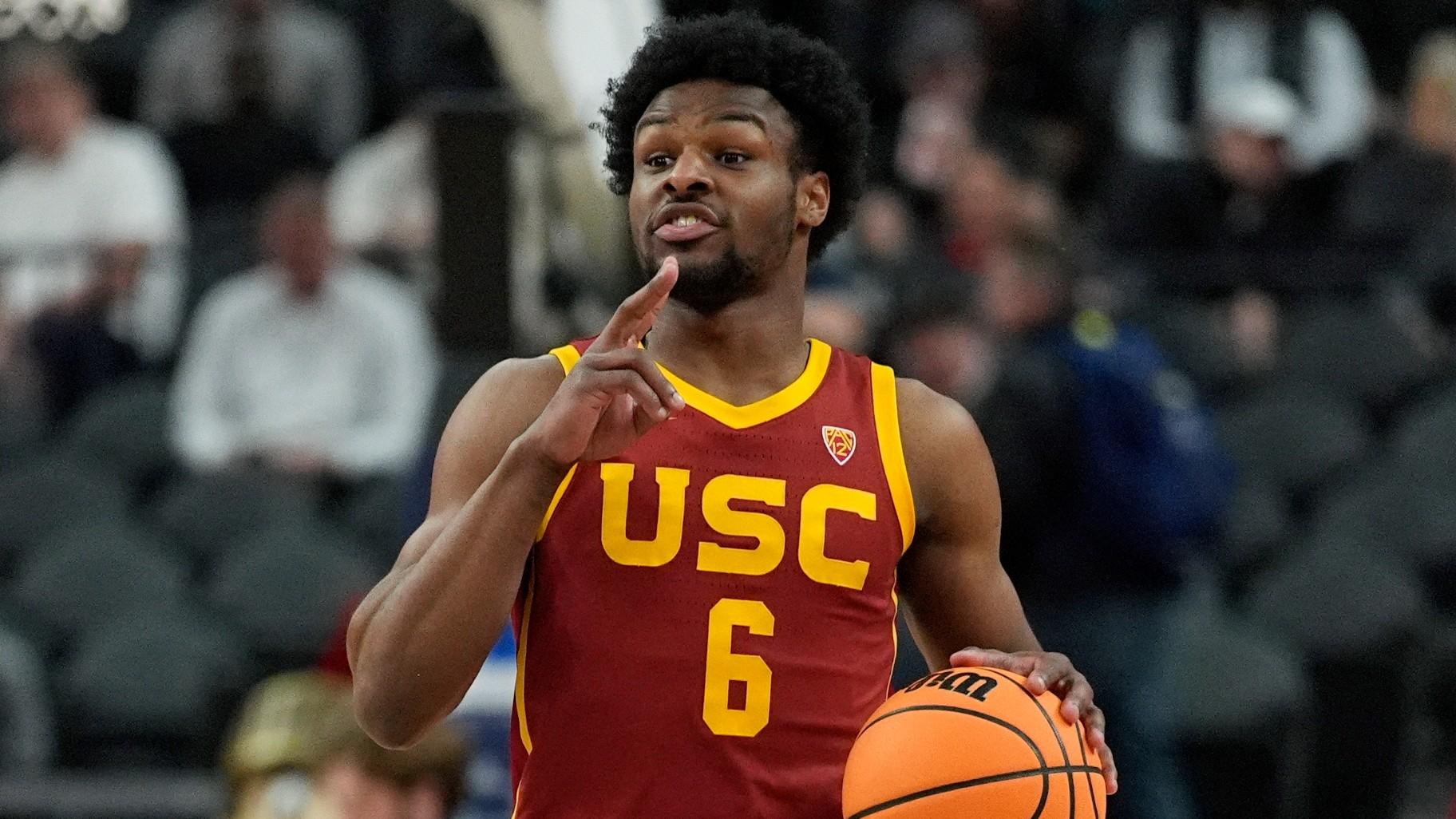 Southern California's Bronny James (6) drives up the court against Washington during the first half of an NCAA college basketball game in the first round of the Pac-12 tournament Wednesday, March 13, 2024, in Las Vegas. (AP Photo / John Locher, File)