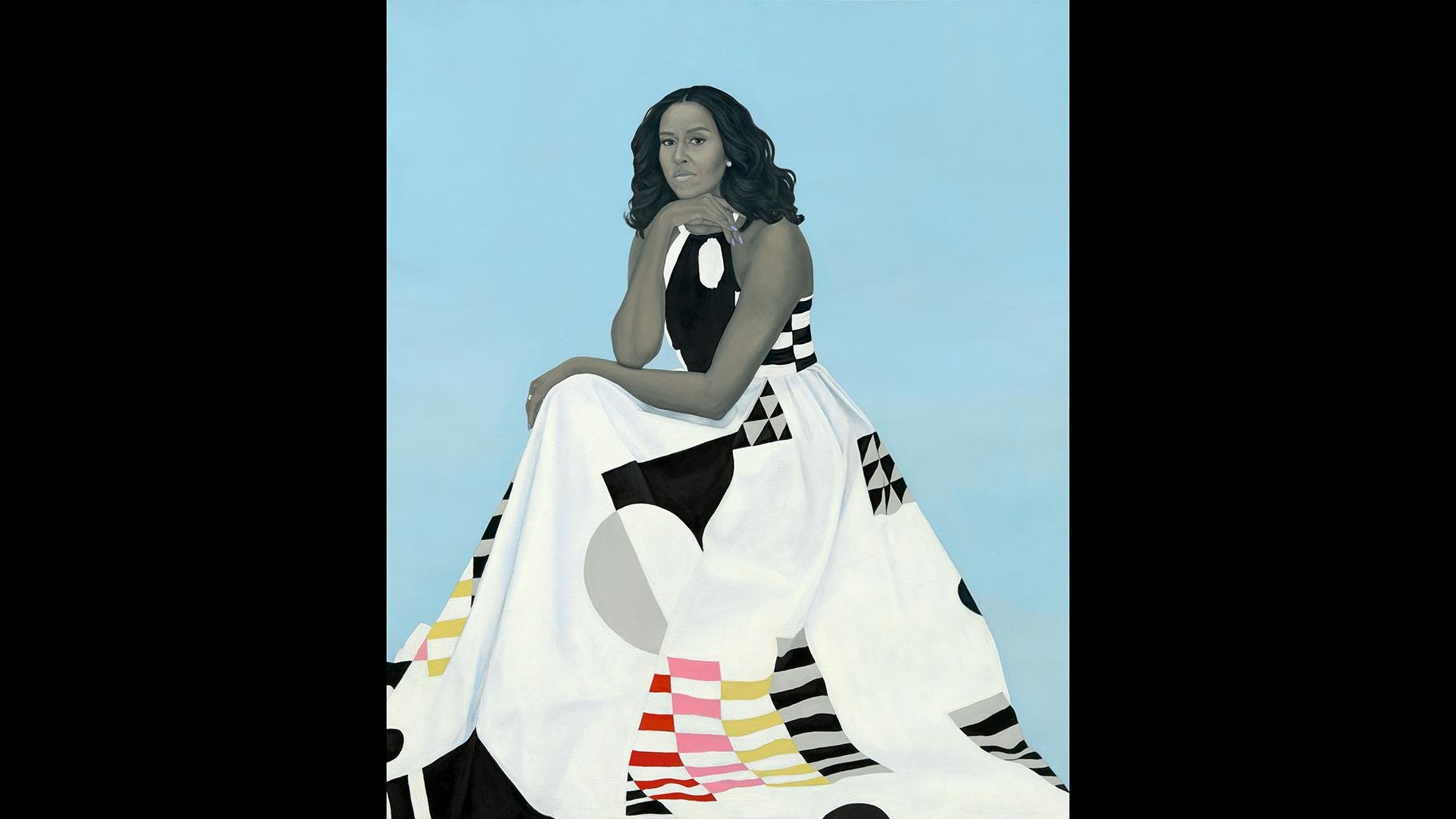 Amy Sherald. “Michelle LaVaughn Robinson Obama,” 2018. Oil on linen. National Portrait Gallery, Smithsonian Institution. The National Portrait Gallery is grateful to the following lead donors for their support of the Obama portraits: Kate Capshaw and Steven Spielberg; Judith Kern and Kent Whealy; Tommie L. Pegues and Donald A. Capoccia.Courtesy of the Smithsonian’s National Portrait Gallery.