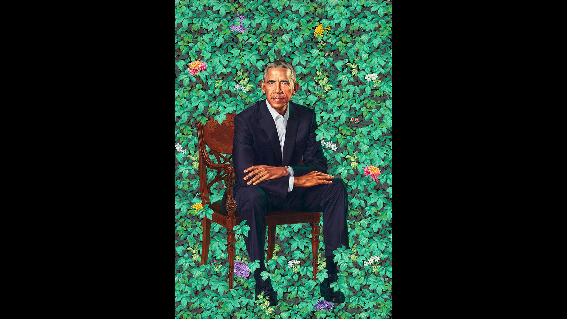 Kehinde Wiley. “Barack Obama,” 2018. Oil on canvas. National Portrait Gallery, Smithsonian Institution. The National Portrait Gallery is grateful to the following lead donors for their support of the Obama portraits: Kate Capshaw and Steven Spielberg; Judith Kern and Kent Whealy; Tommie L.Pegues and Donald A. Capoccia. © 2018 Kehinde Wiley. Courtesy of the Smithsonian’s National Portrait Gallery.