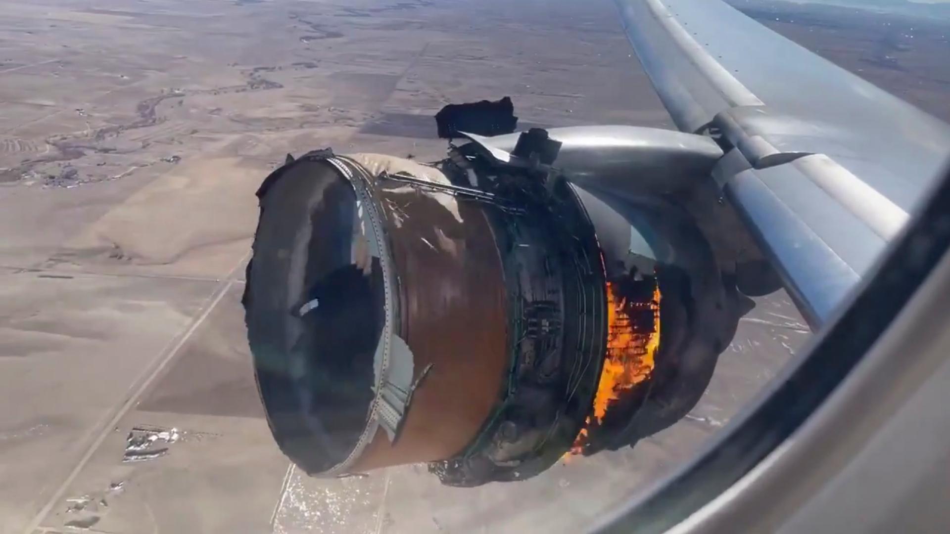 In this image taken from video, the engine of United Airlines Flight 328 is on fire after experiencing “a right-engine failure” shortly after takeoff from Denver International Airport, Saturday, Feb. 20, 2021, in Denver, Colo. (Chad Schnell via AP)