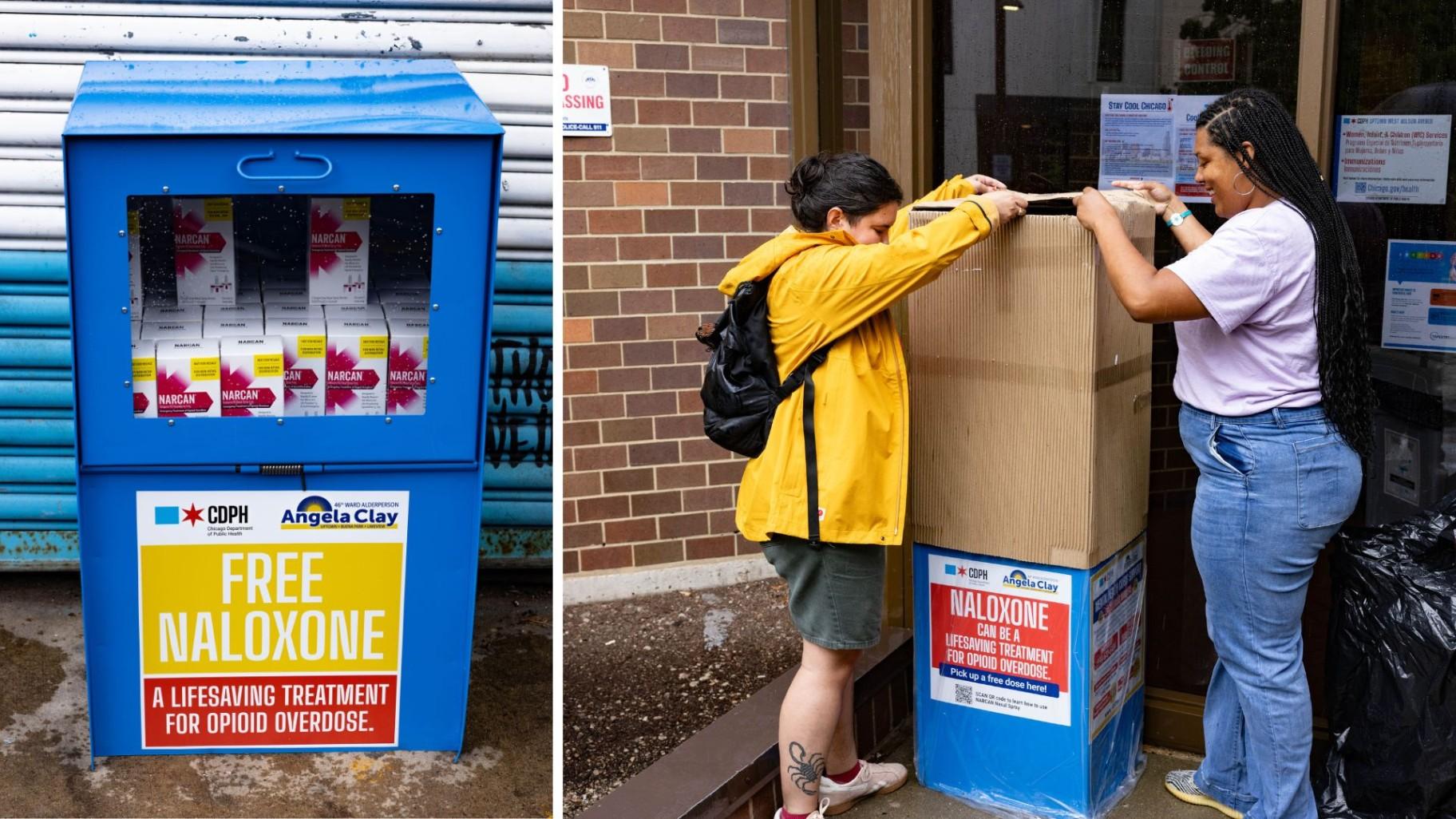 Ald. Angela Clay (46th Ward) and a staffer unveil a Narcan newsstand in Uptown on July 30, 2025. (Courtesy of Chicago Department of Public Health)