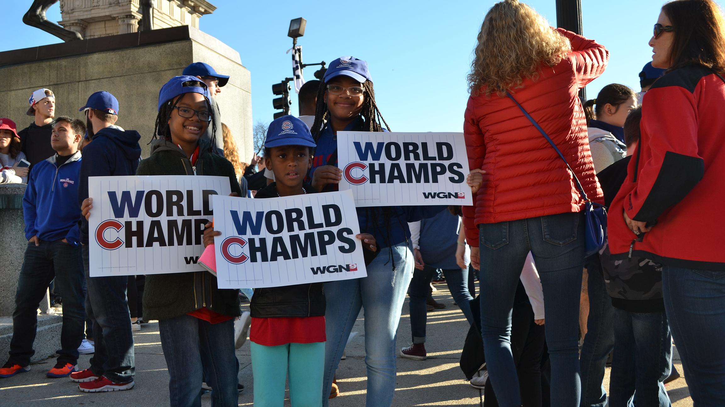 Rogers Park sisters Naysa, Yasmyn and Maya are probably a lot more confident than their parents that the Cubs will return to the World Series in their lifetimes. (Erica Gunderson / Chicago Tonight)