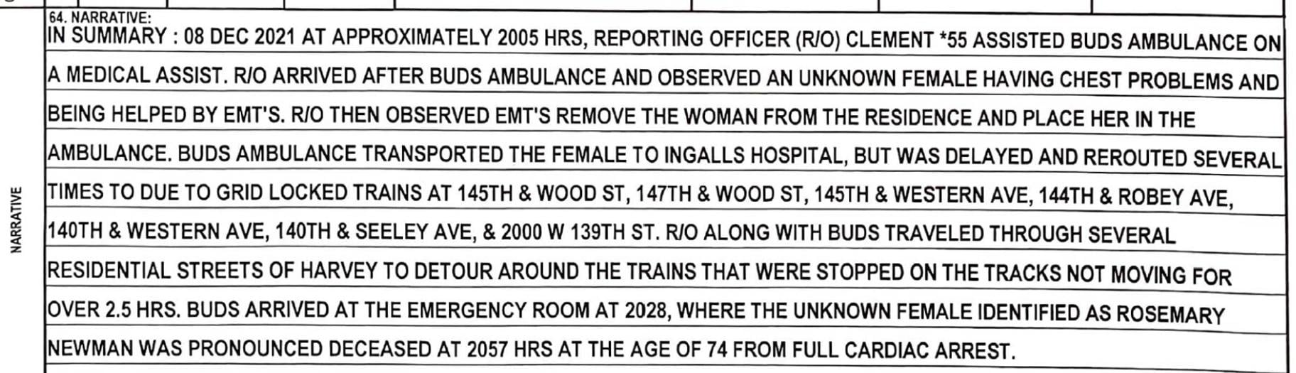 A police report from Dec. 8, 2021, details several blocked railroad crossings the night Rosemary Newman died. (Dixmoor Police Department)