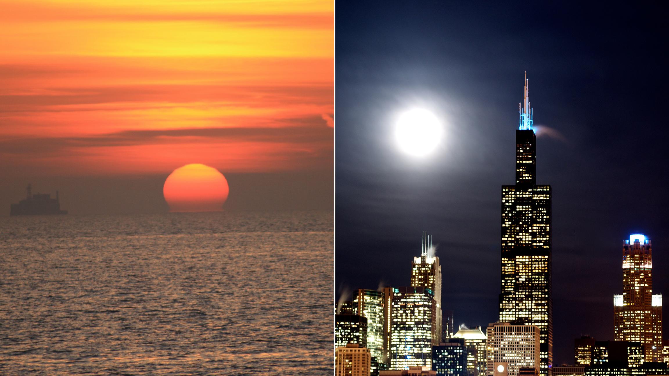 Left: Sunrise over Lake Michigan. (rlobes / Pixabay). Right: Moon over Chicago. (nathanmac87 / Flickr)