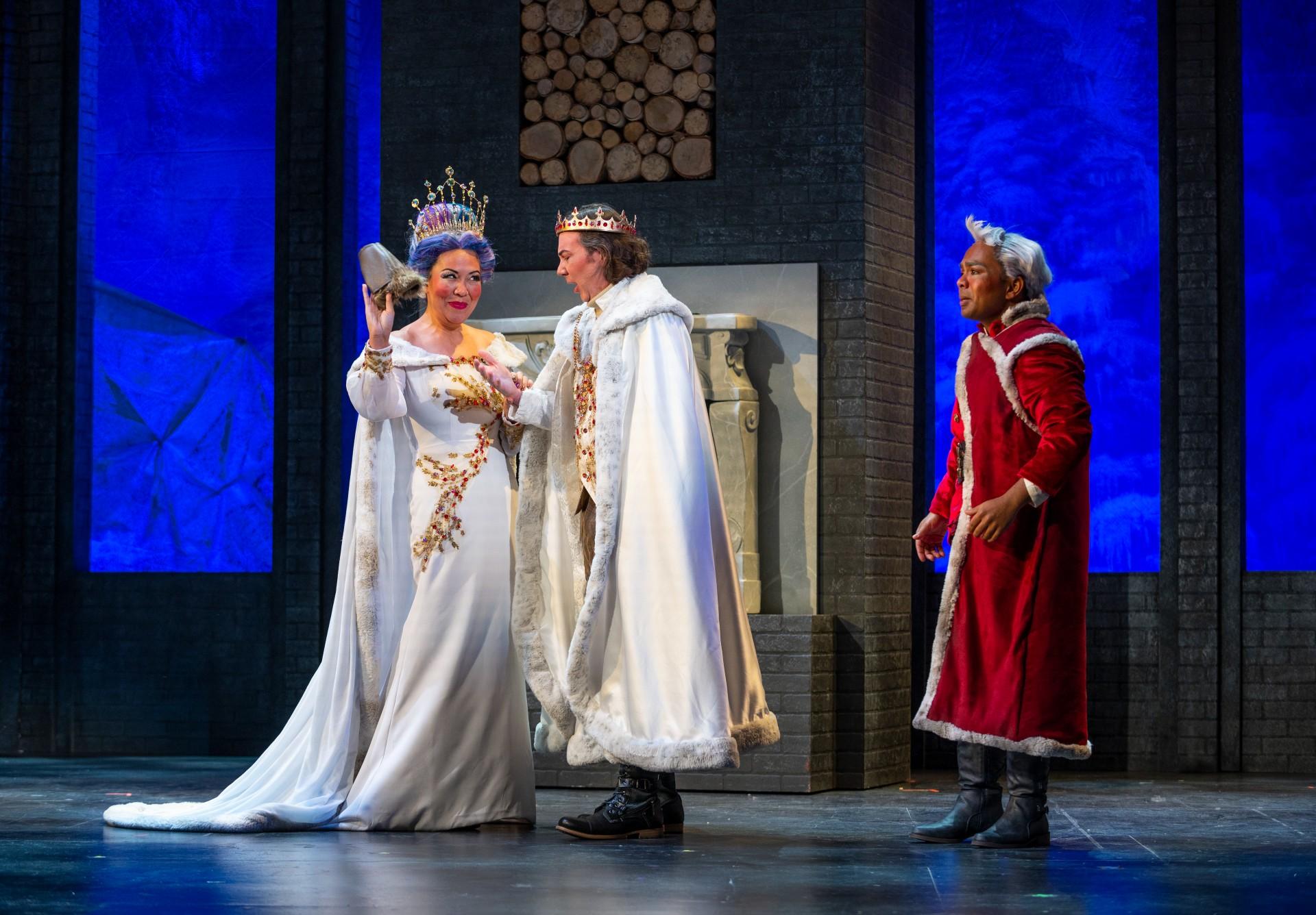 Nina Yoshida Nelson, David Fry and Martin Bakari perform in “Becoming Santa Claus.” (Photo by Michael Brosilow)