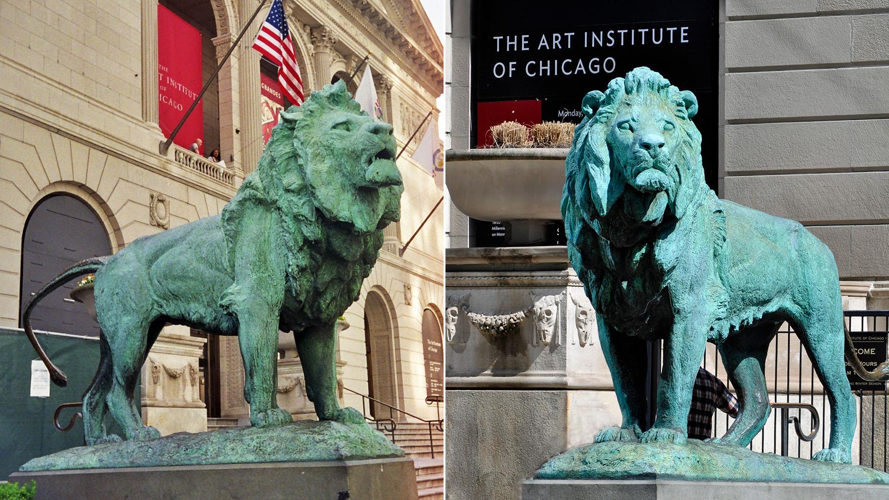 The north lion, left, and south lion at the Art Institute of Chicago. (Credit: Kim Scarborough / Wikimedia Commons; Heather Paul / Flickr)