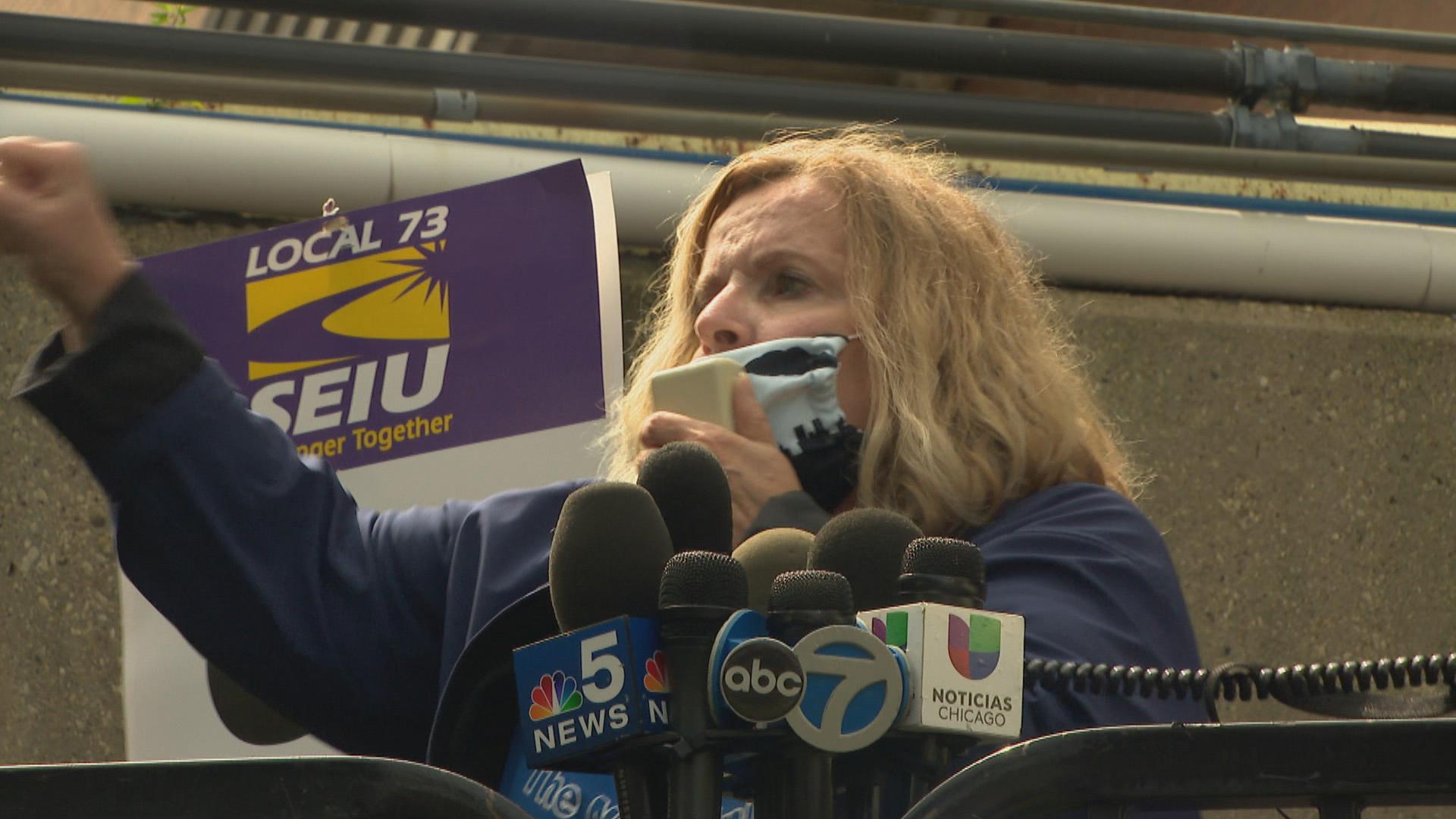 Illinois Nurses Association President Doris Carroll speaks at a rally on Monday, Sept.14, 2020. (WTTW News)