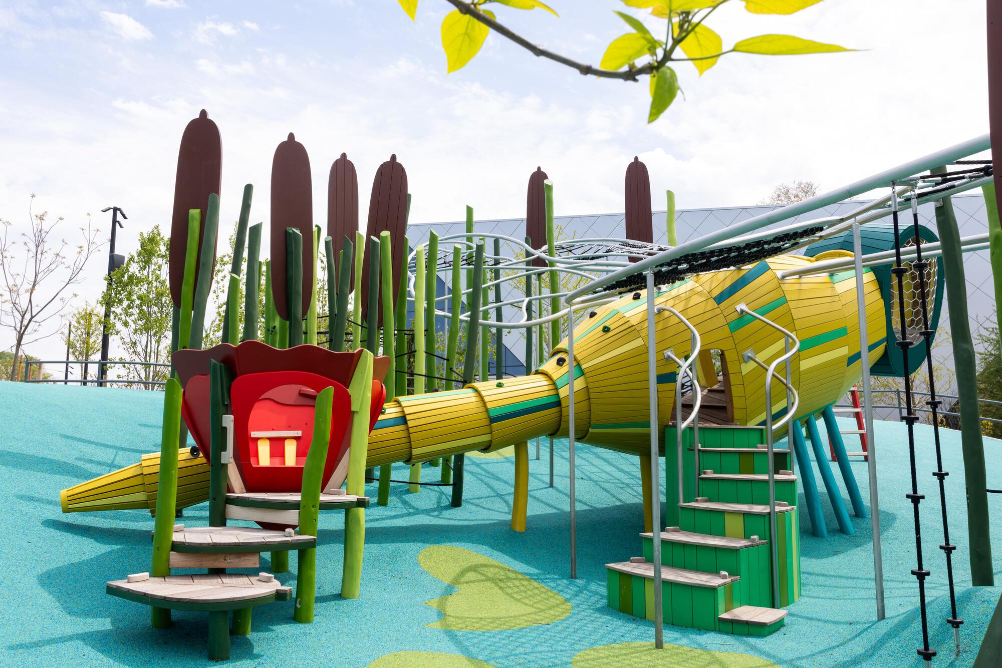 A whimsical 1.25-acre playground features oversized animal structures of native fauna like the endangered Hine’s emerald dragonfly. (The Obama Foundation)