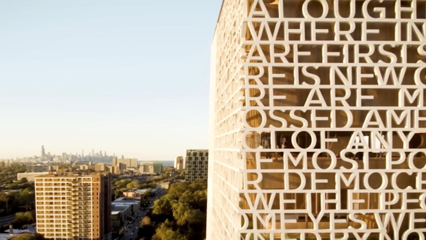 A closeup of the planned speech excerpt that will be carved into the Obama Center tower. (Courtesy of Obama Foundation)