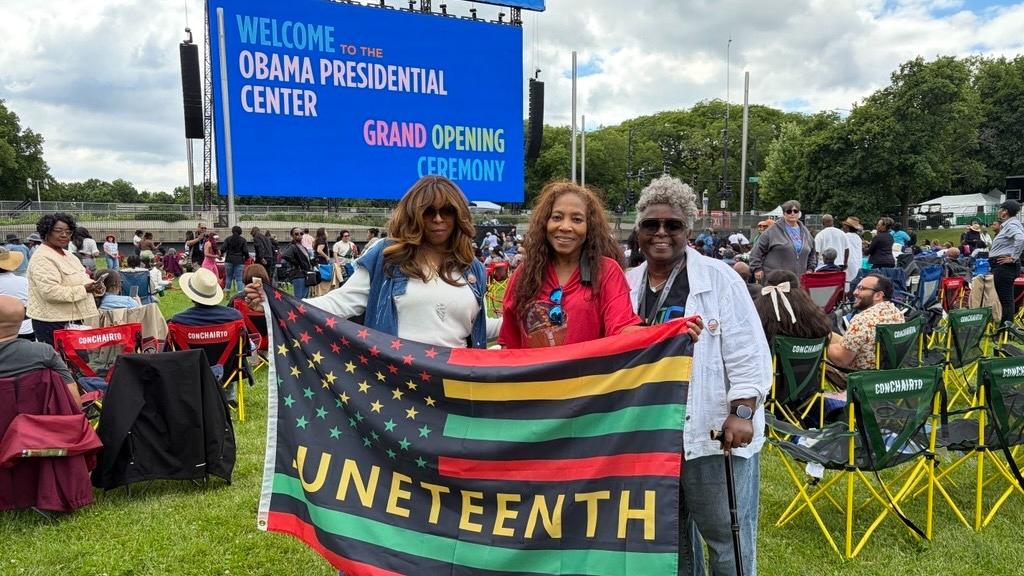 Obama Presidential Center grand opening ceremony watch party attendees, from left, Melissa Jennings, Cynthia Cotharn and Sharon Latson at Midway Plaisance Park on June 18, 2026. (Eunice Alpasan / WTTW News)