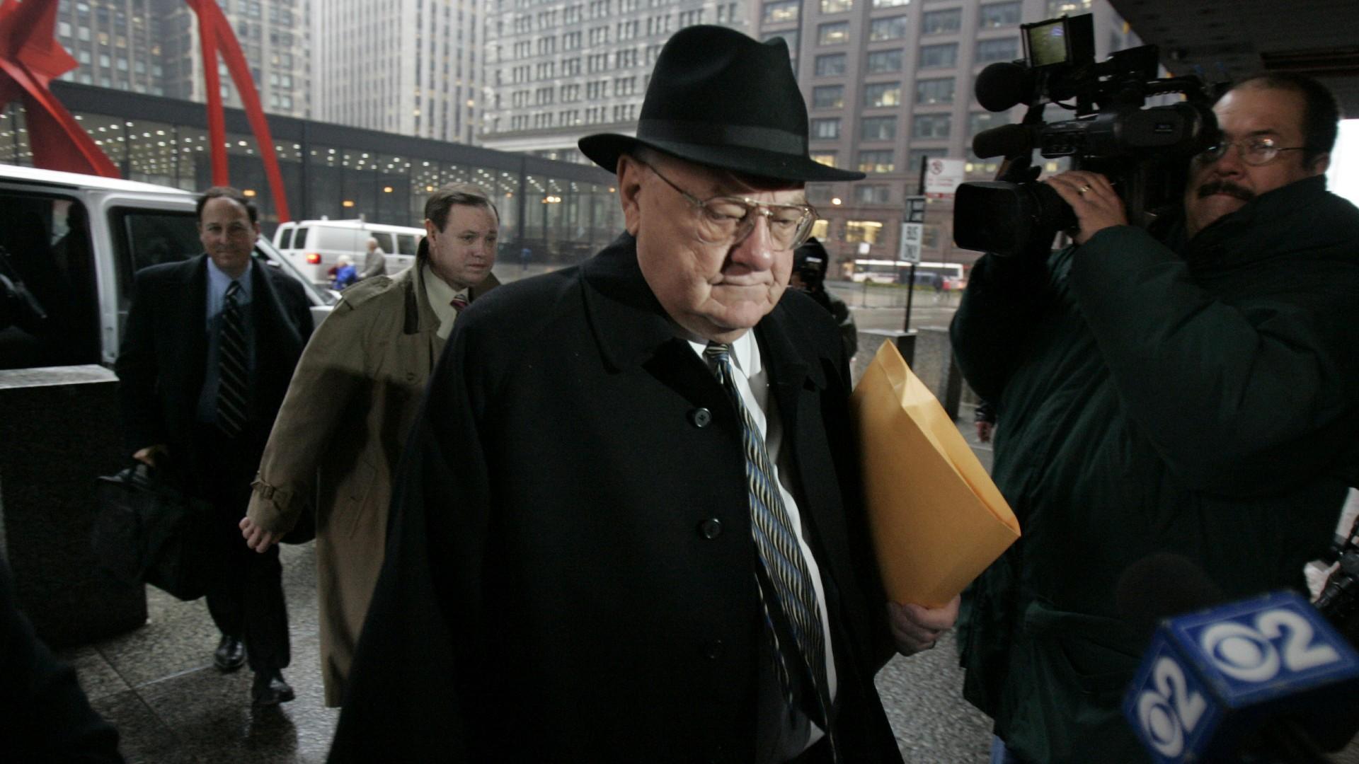 Former Gov. George Ryan arrives at federal court in Chicago for the first day of final arguments in his racketeering and corruption trial on Monday, March 6, 2006. (AP Photo / M. Spencer Green, File)