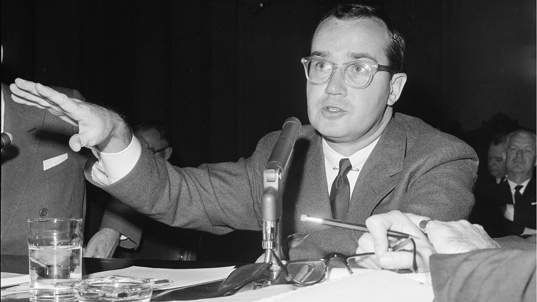Newton Minow, chairman of the Federal Communications Commission, testifies before the Senate Small Business Subcommittee at a hearing on communication satellites in Washington on Nov. 9, 1961. Minow, who as Federal Communications Commission chief in the early 1960s famously proclaimed that network television was a "vast wasteland," died Saturday, May 6, 2023. He was 97 (AP Photo, File)