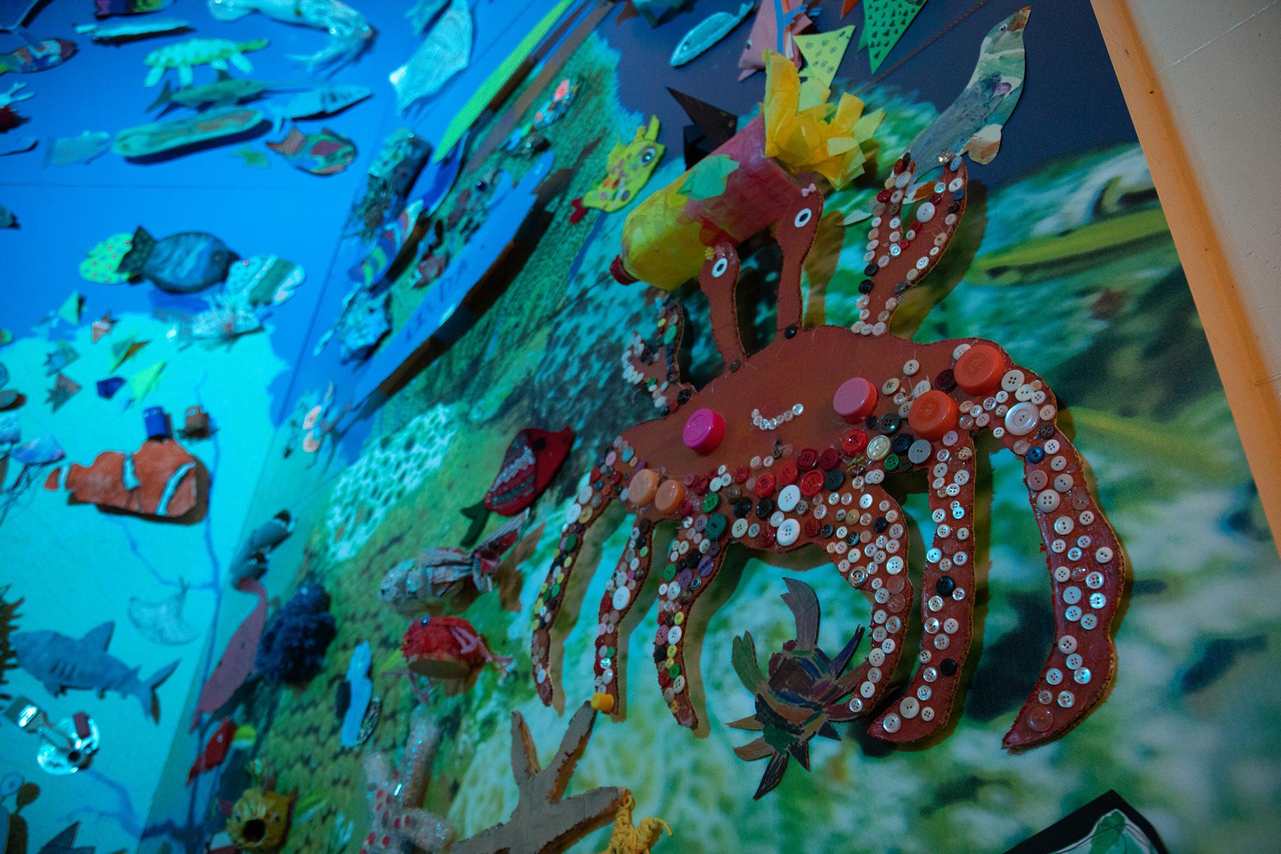 Art pieces made by students from across the world are on display at Shedd Aquarium. (Joshua Ford / Bezos Family Foundation) 