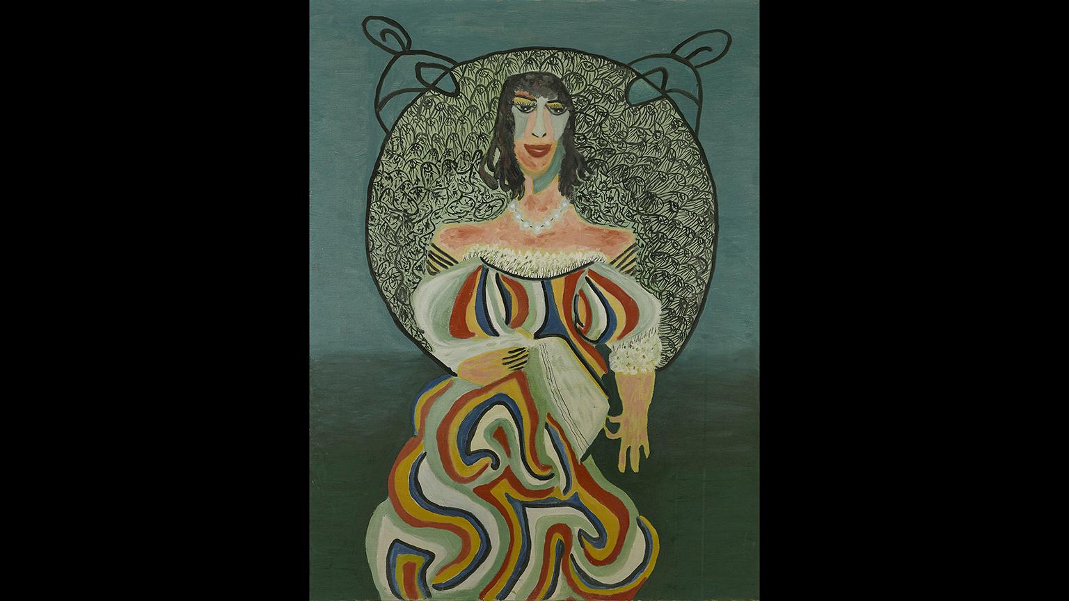 Pauline Simon (American, 1898-1976), “Untitled (woman with book),” 1968. Collection of Karl Wirsum and Lorri Gunn.