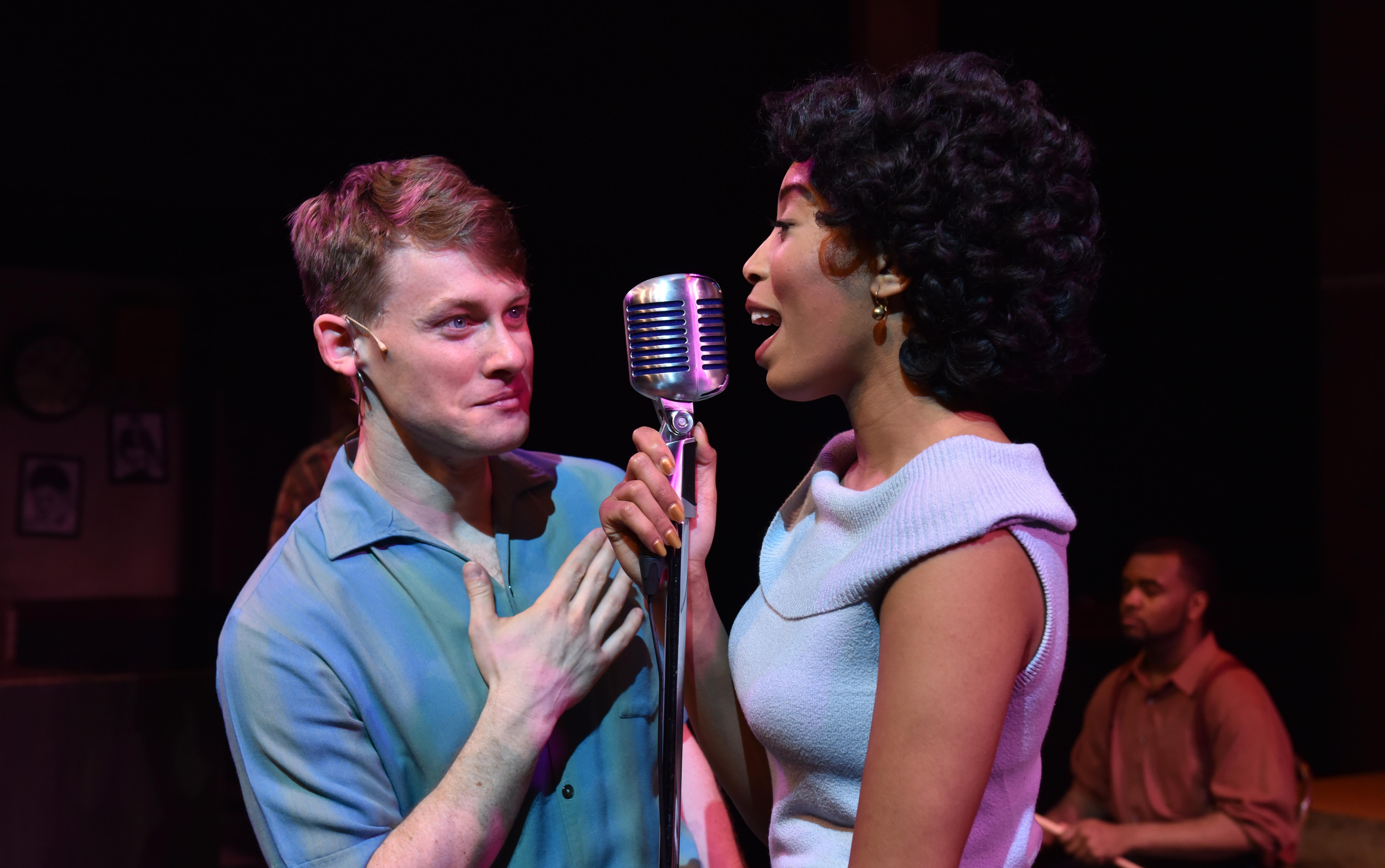 Liam Quealy as Huey Calhoun and Aeriel Williams as Felicia Farrell in “Memphis” from Porchlight Music Theatre. (Photo by Michael Courier)
